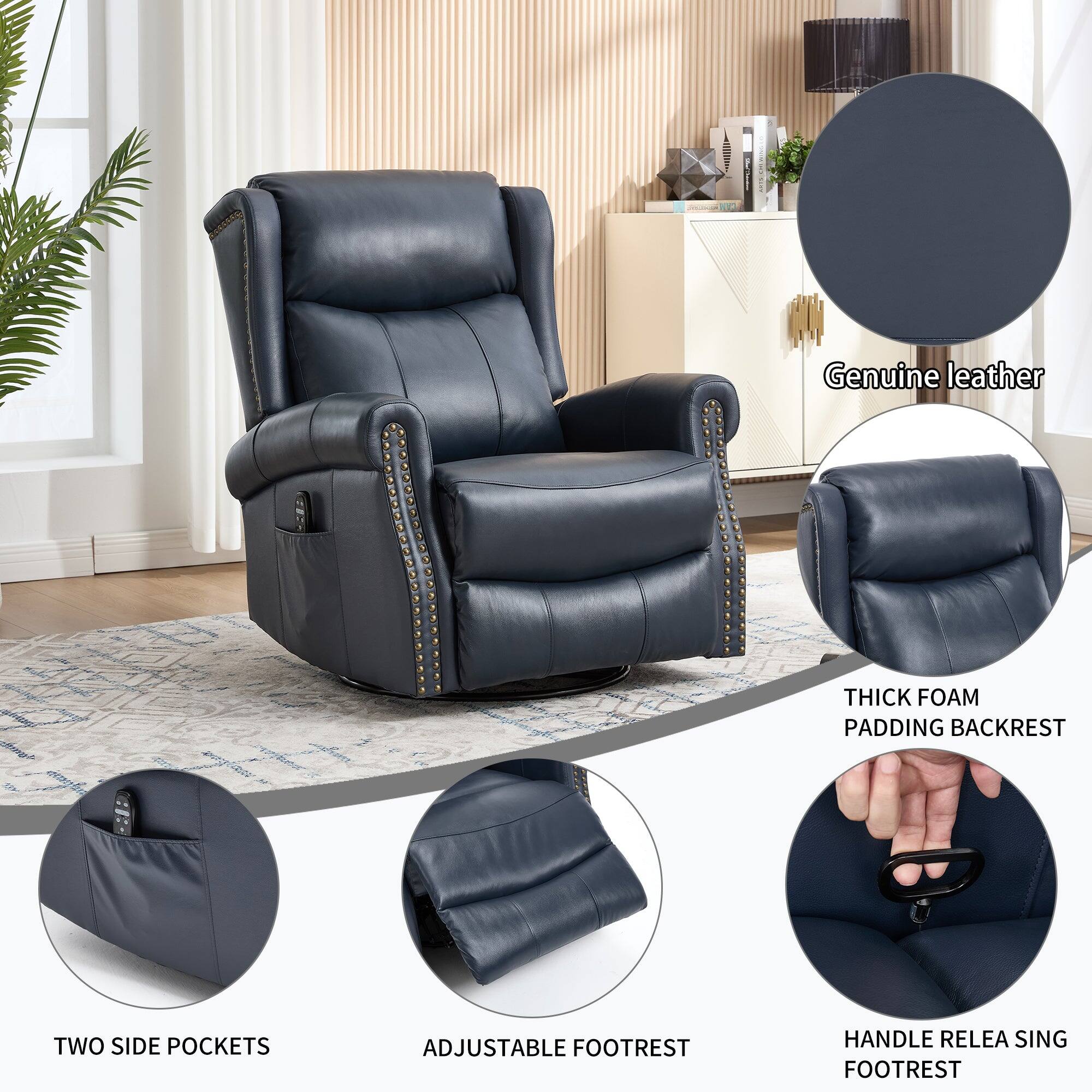 - Genuine leather
- Thick foam padding backrest
- Two side pockets
- Adjustable footrest
- Handle release footrest