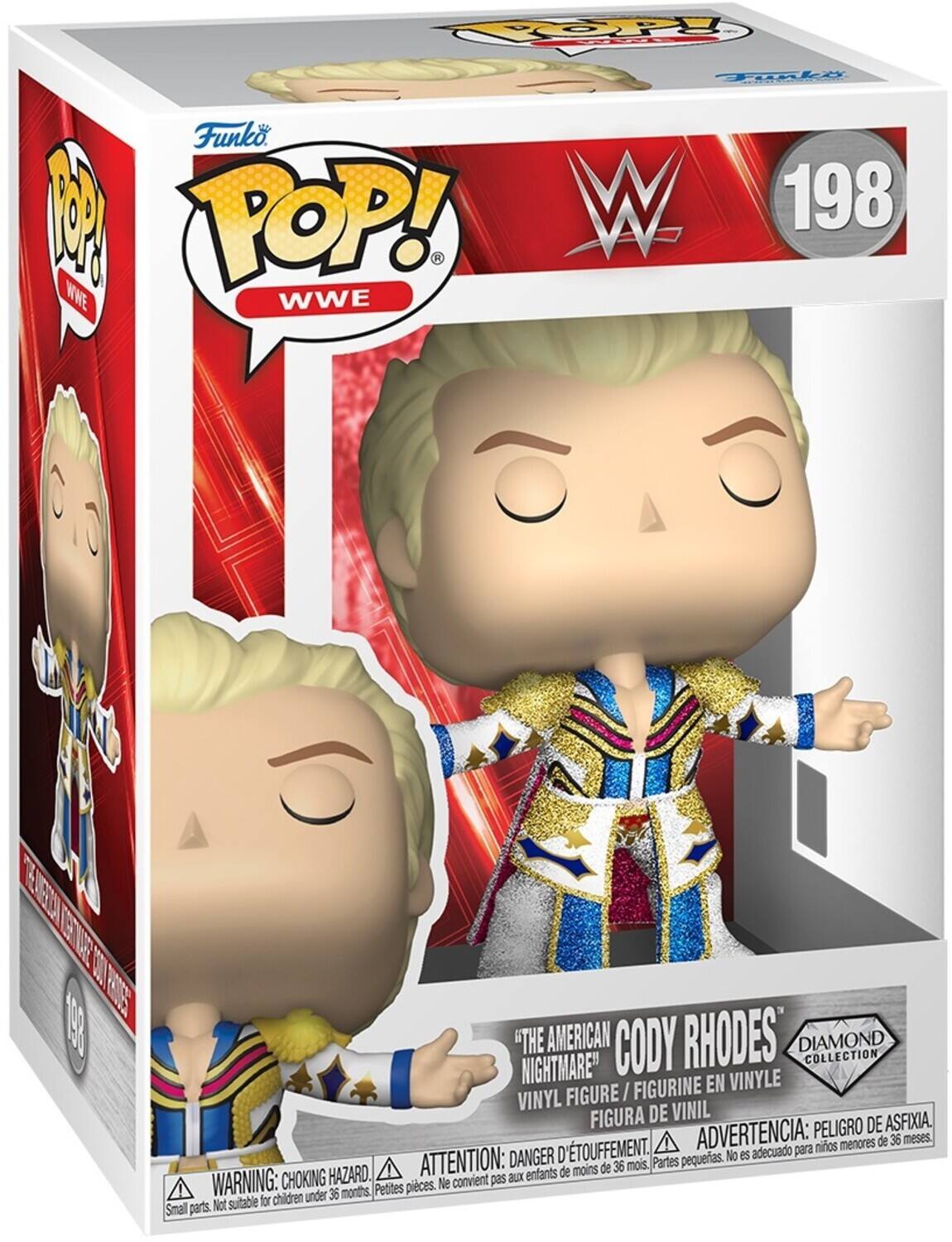 Funko POP! WWE  
198  
"The American Cody Rhodes"  
Diamond Collection Nightmare  
Vinyl Figure / Figurine en Vinyle / Figura de Vinil  
Warning: Choking Hazard. Small parts. Not suitable for children under 36 months.  
Advertencia: Peligro de asfixia. Piezas pequeñas. No es adecuado para niños menores de 36 meses.  
Attention: Danger d'étouffement. Petites pièces. Ne convient pas aux enfants de moins de 36 mois.