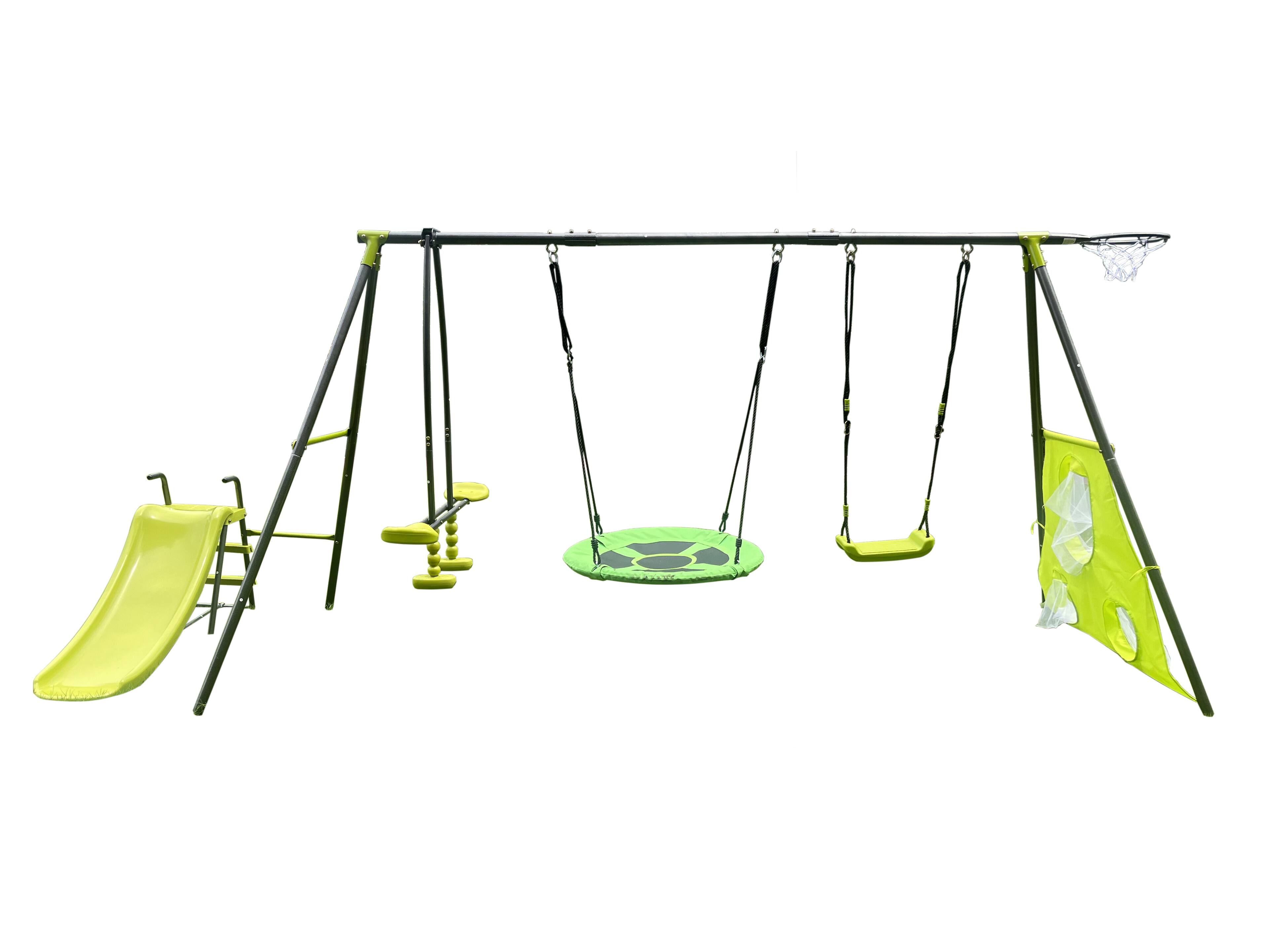 Alt View 1. Siljoy - 6‑in‑1 Blue & Green Swing Set with Net Swing, Slide, Hoop, 440lb Capacity, for Age 3+ Outdoor Play - Green.