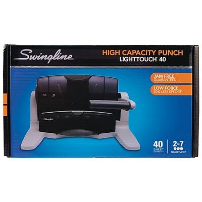 Swingline  
HIGH CAPACITY PUNCH  
LIGHTTOUCH 40  

JAM FREE GUARANTEED  
LOW FORCE  
50% LESS EFFORT  

40 SHEETS  
2-7 SHEET CAPACITY  
ADJUSTMENT