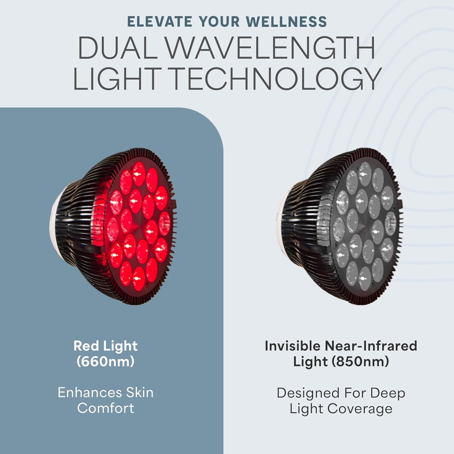 ELEVATE YOUR WELLNESS  
DUAL WAVELENGTH LIGHT TECHNOLOGY  

Red Light (660nm)  
Enhances Skin Comfort  

Invisible Near-Infrared Light (850nm)  
Designed For Deep Light Coverage