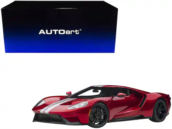 Front. Autoart - 2017 Ford GT Liquid Red Metallic with Silver Stripes 1/12 Model Car by Autoart - Red Metallic with Silver Stripes.