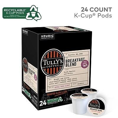 RECYCLABLE K-CUP PODS  
24 COUNT  
KEURIG K-CUP® PODS  

TULLY'S COFFEE  
BREAKFAST BLEND  
Seattle, WA 1992  

Bright and lively coffee with notes of citrus and a smooth finish.  
Specially roasted with 100% Arabica beans.  

ROASTED SLOW & LOW  
BOLD LIGHT  

TULLY'S BREAKFAST BLEND  
Seattle, WA 1992