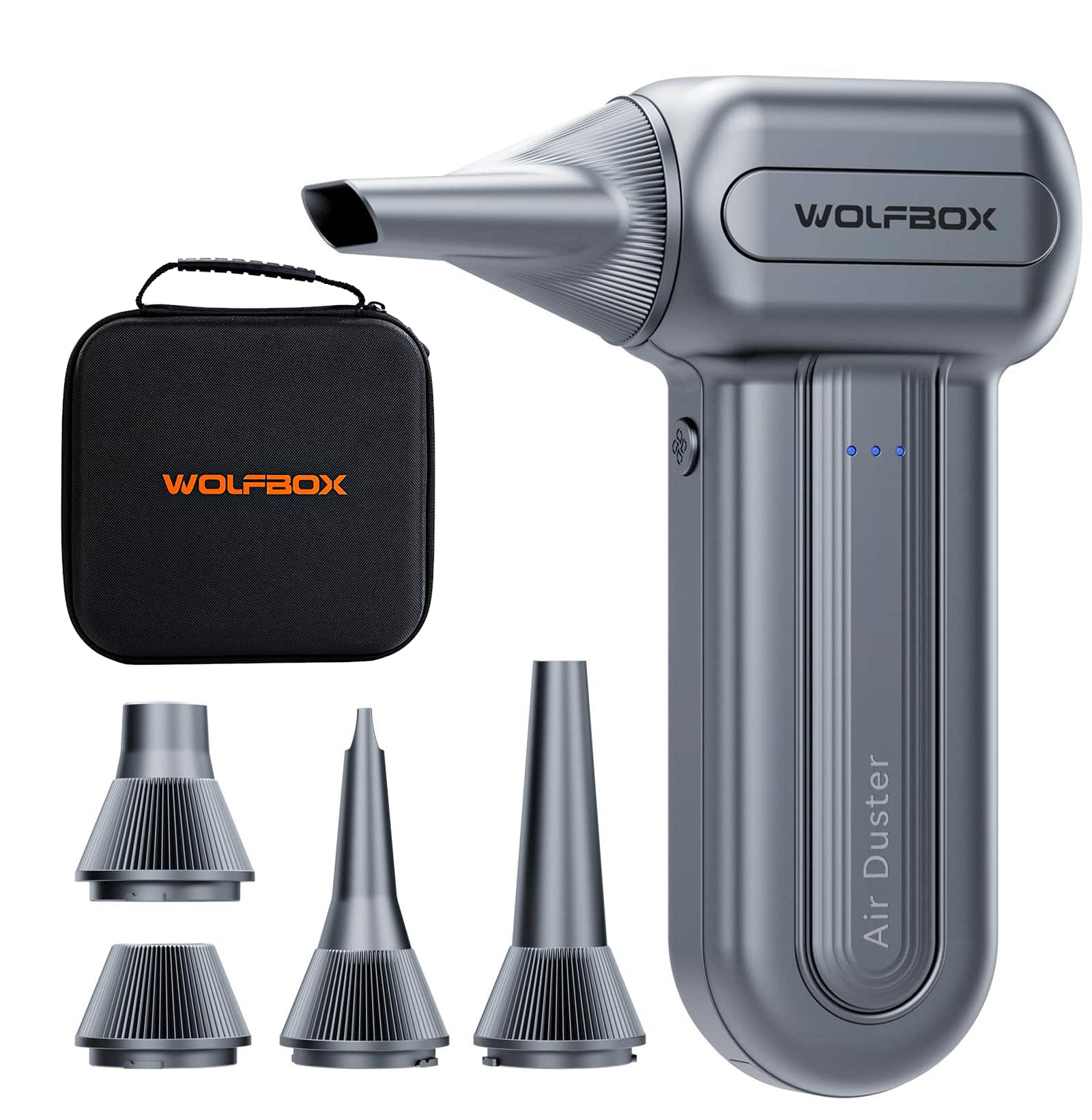 WOLFBOX - Compressed Air Duster DF60, 110000RPM Air Duster, 3-Gear Rechargeable Cordless Air Blower, with hand carrying case - Gray