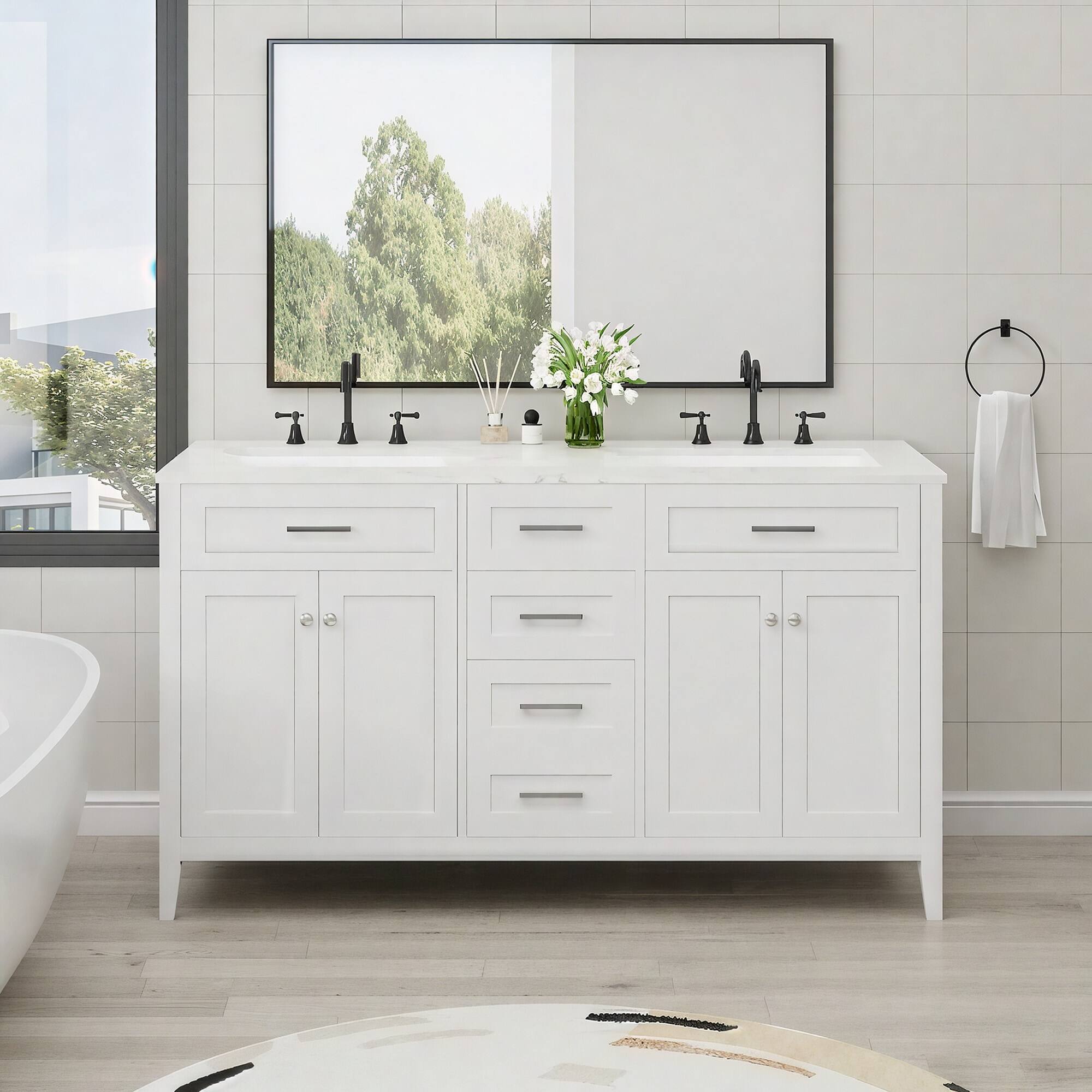 Angle. U-HOMY - Modern Bathroom Vanity with Ceramic Sink, Soft-Close Storage Cabinet and Drawer, Glossy Countertop, White - 22"x60".