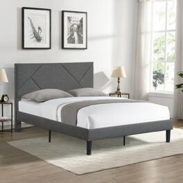 LUCKY ONE - Queen Size Upholstered Platform Bed Frame with Headboard, Strong Wood Slat Support, No Box Spring Needed, Easy Assembly - Gray