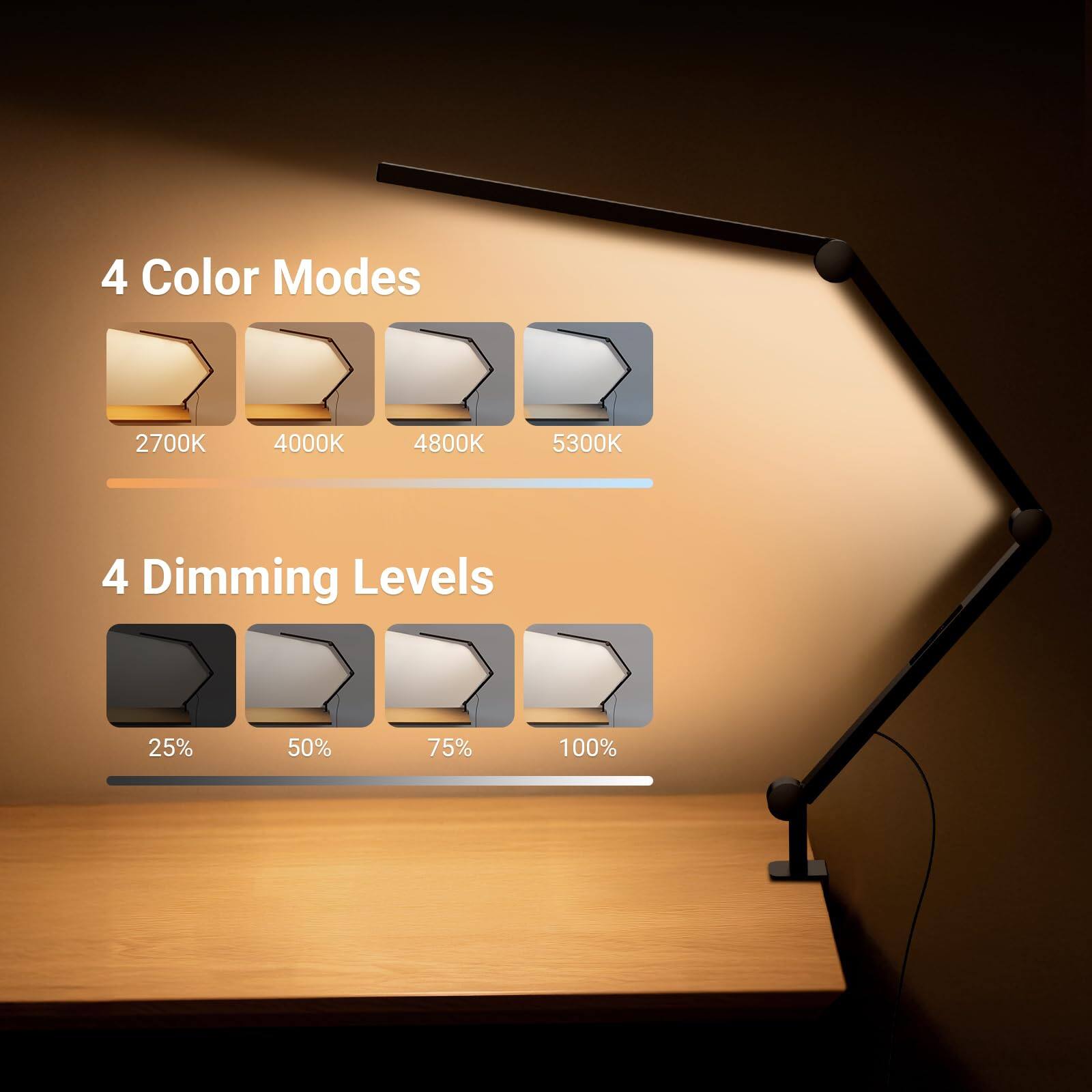 4 Color Modes  
2700K 4000K 4800K 5300K  

4 Dimming Levels  
25% 50% 75% 100%