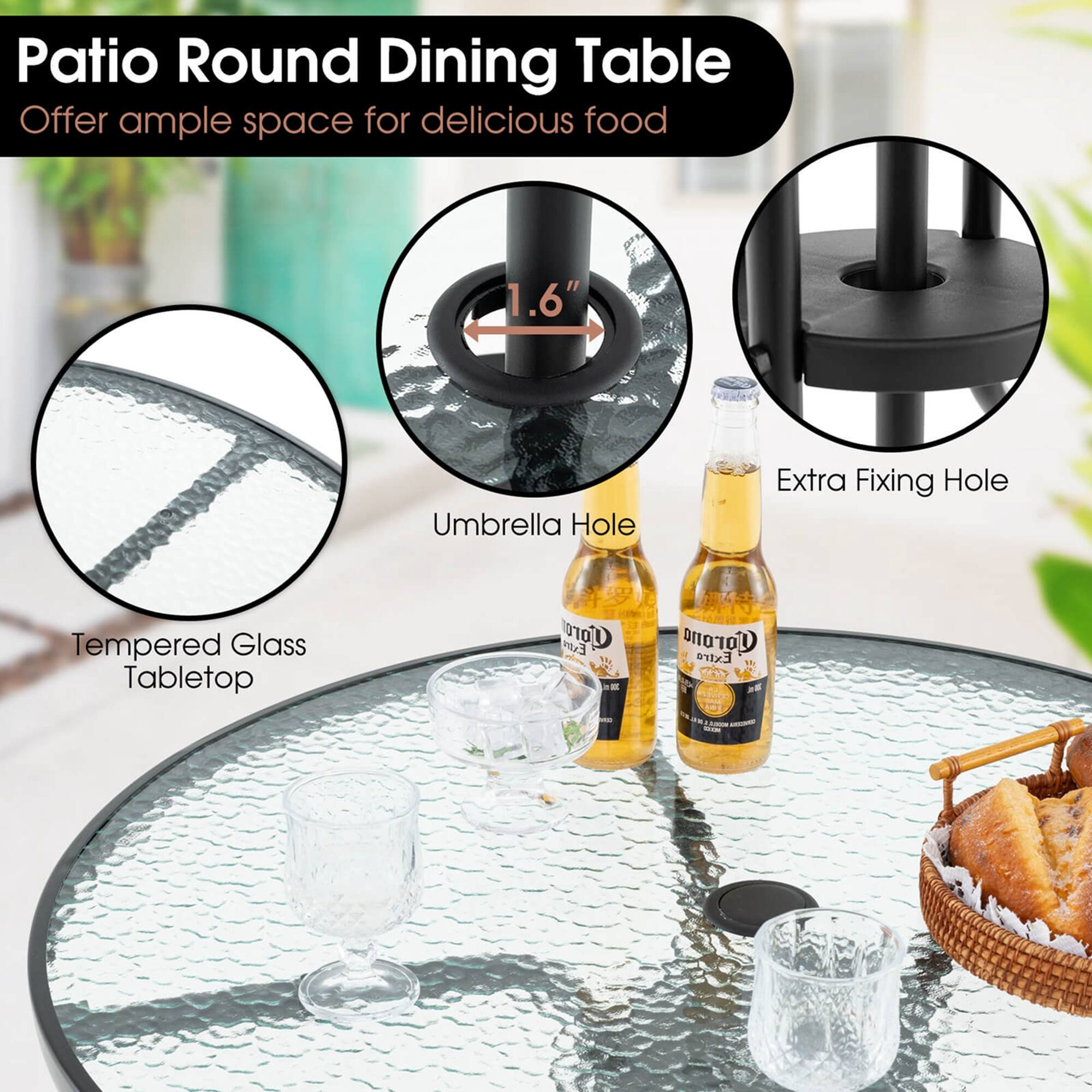 Patio Round Dining Table, Offer ample space for delicious food, 1.6" Umbrella Hole, Extra Fixing Hole, Tempered Glass Tabletop, Corona Extra