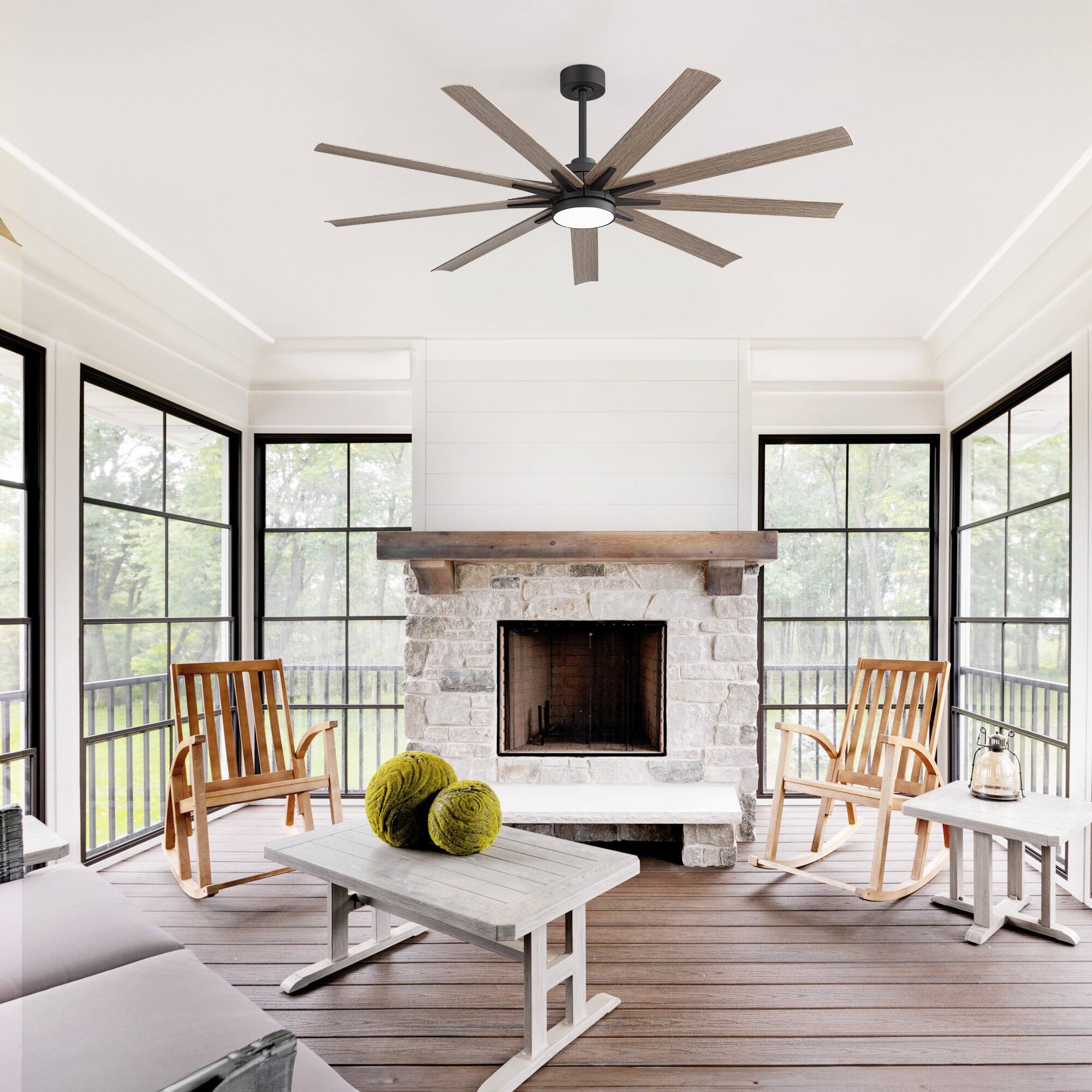 Alt View 1. Breezary - 65-Inch LED Ceiling Fan with Light, 9 Plywood Blades, DC Motor, Remote, Includes 6 & 12 Inch Downrods, Timer - Wood grain color.