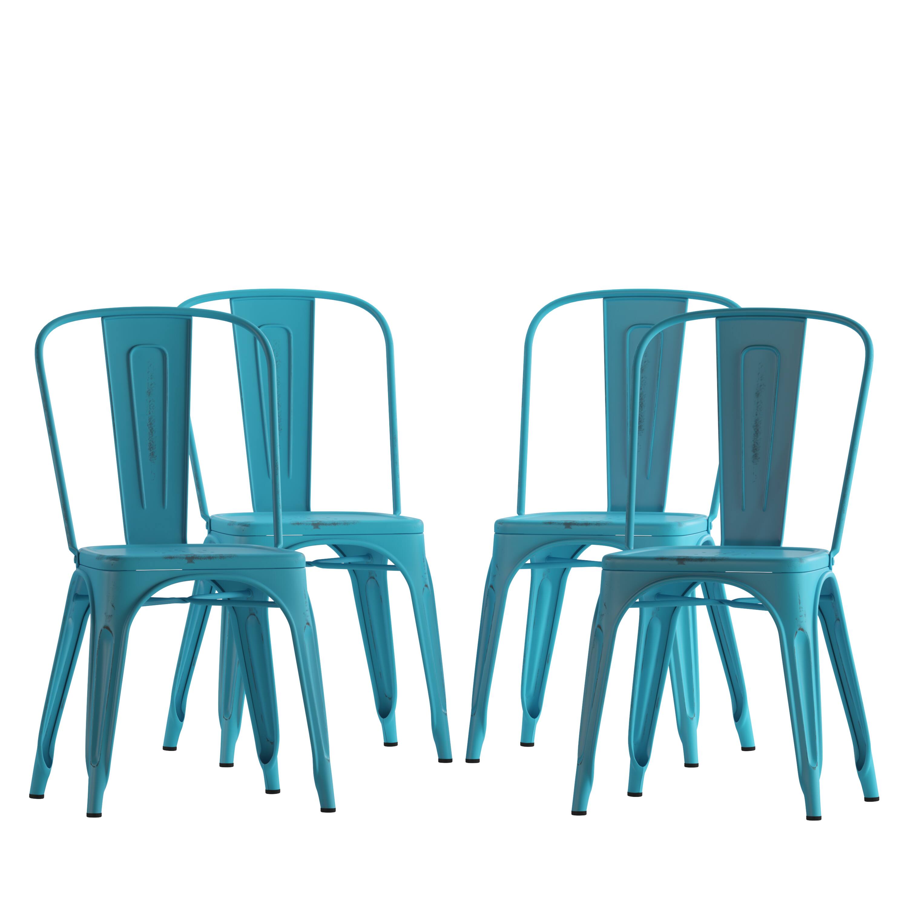 Emma + Oliver - Commercial Grade 4 Pack Distressed Metal Indoor-Outdoor Stackable Chair - Blue