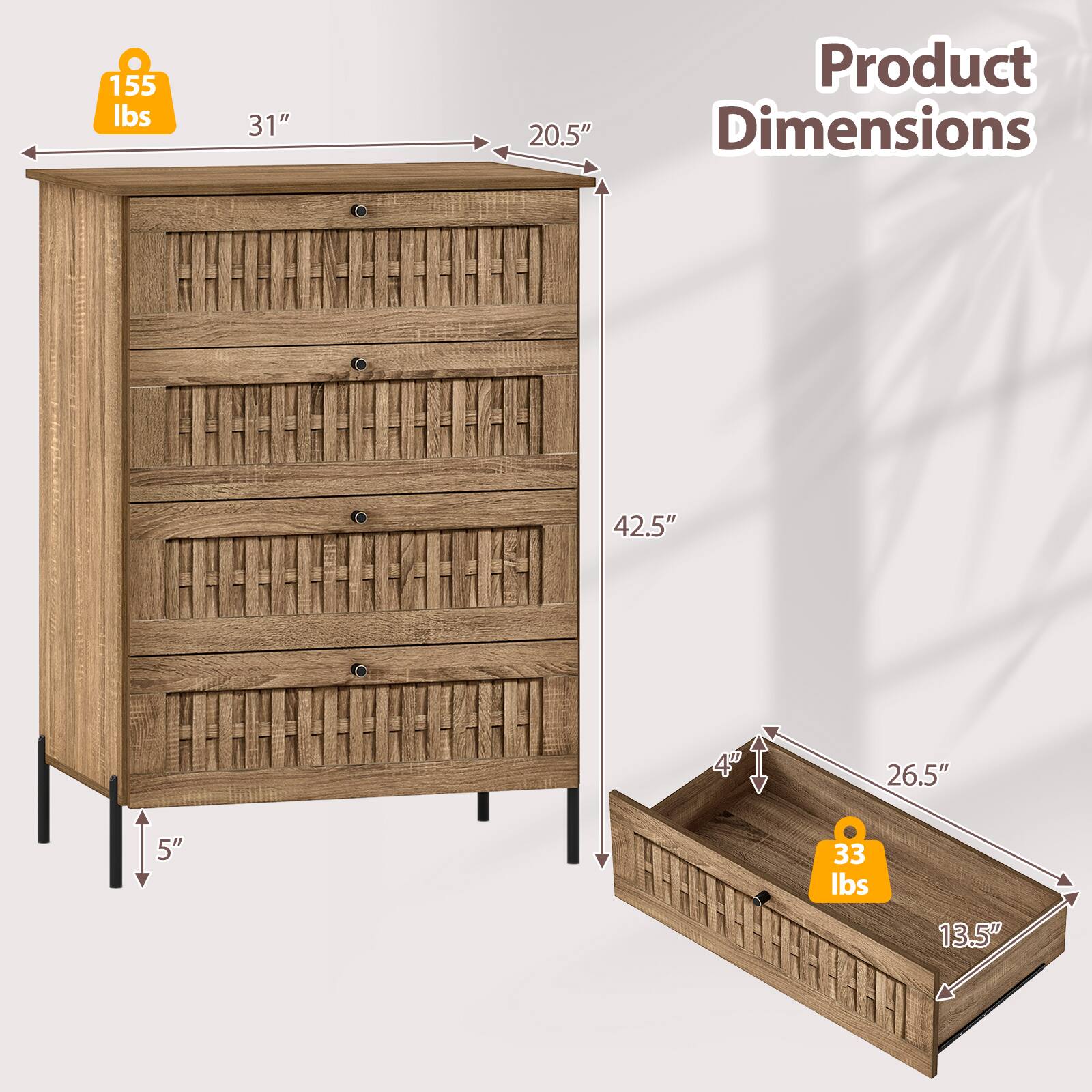 155 lbs  
31"  
20.5"  
Product Dimensions  
42.5"  
26.5"  
5"  
33 lbs  
13.5"