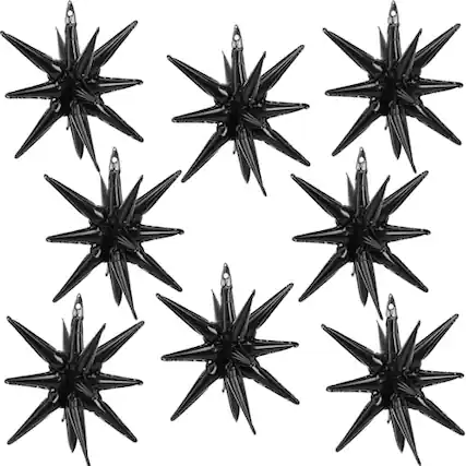 Front. Vulpecula Spade - 12 Pcs Black Star Foil Balloons One-Piece 14-pointed Star Explosion Balloons with Ribbon, Black Fireworks Shape Foil - Black.
