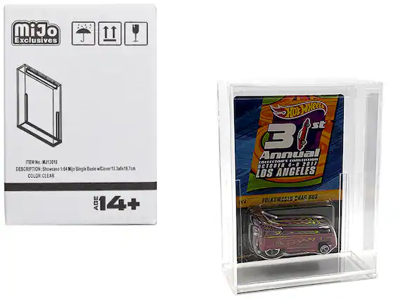 MiJo Exclusives
ITEM No.: MJ13018
DESCRIPTION: Showcase 1:64 MiJo Single Basic w/Cover 13.3x6x18.7cm
COLOR: CLEAR
HOT WHEELS 30th Annual COLLECTOR'S CONVENTION OCTOBER 4-8 2017 LOS ANGELES
AGE 14+
VOLKSWAGEN BBAG BUS