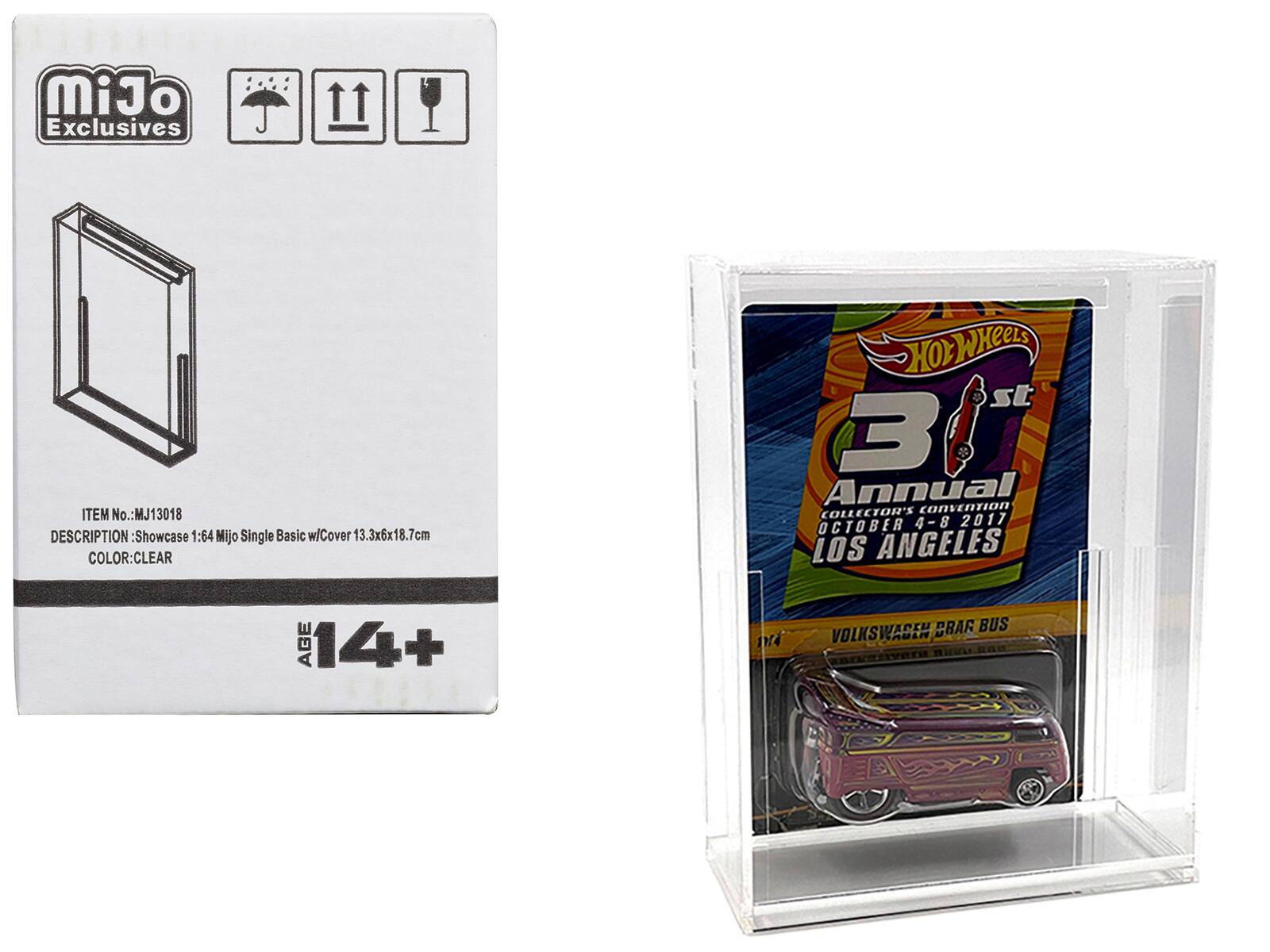 MiJo Exclusives  
ITEM No.: MJ13018  
DESCRIPTION: Showcase 1:64 MiJo Single Basic w/Cover 13.3x6x18.7cm  
COLOR: CLEAR  

HOT WHEELS 30th Annual COLLECTOR'S CONVENTION OCTOBER 4-8 2017 LOS ANGELES  
AGE 14+  

VOLKSWAGEN BBAG BUS