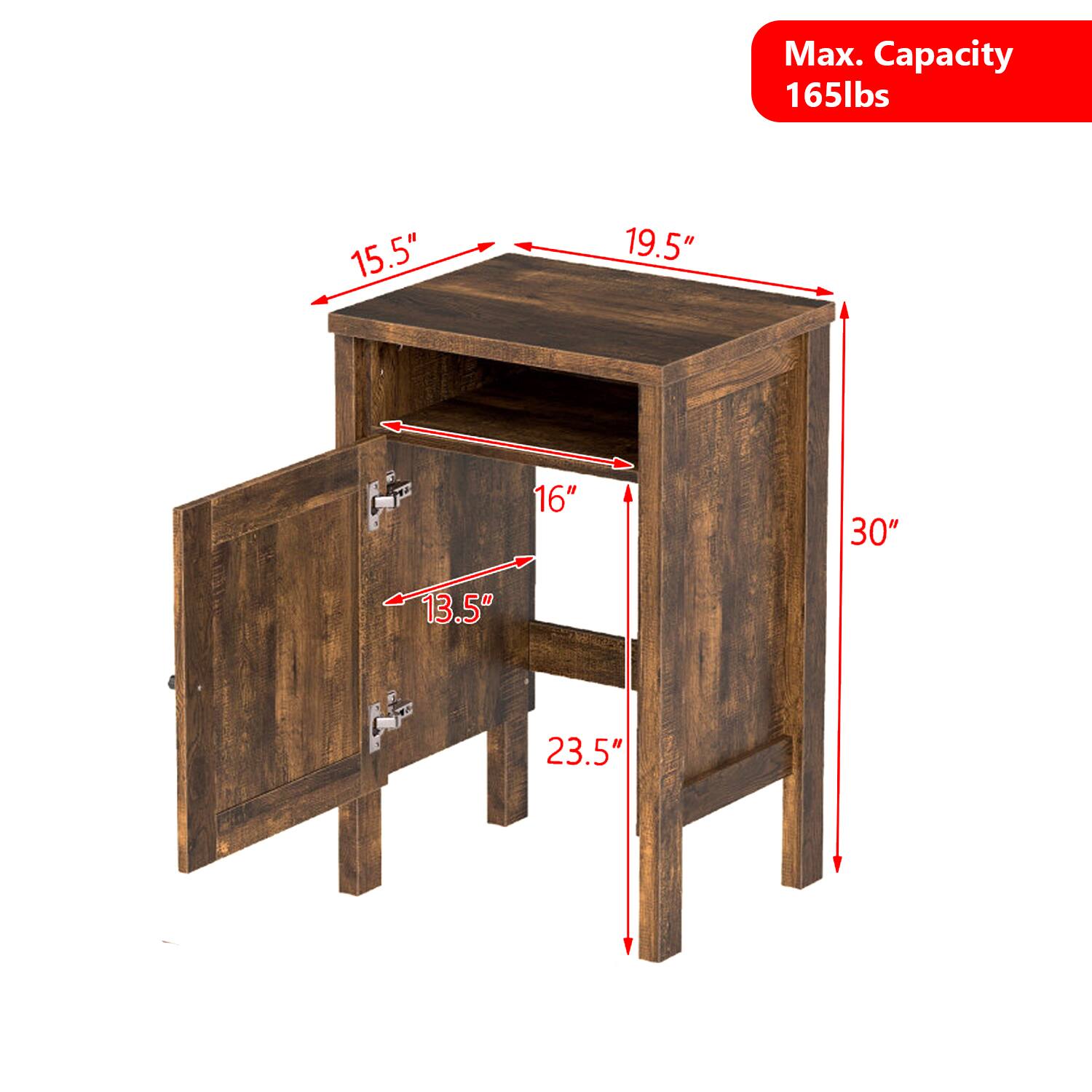 Max. Capacity 165lbs  
15.5" x 19.5" x 30"  
16" x 13.5" x 23.5"