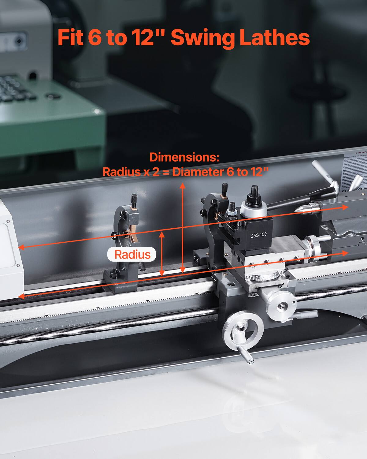 Fit 6 to 12" Swing Lathes

Dimensions:
Radius x 2 = Diameter 6 to 12"