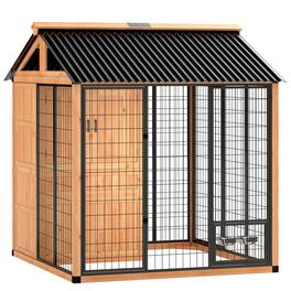 Pawhut - 7' x 6' Extra Large Dog House, Wood Outdoor Dog Kennel with Storage Cabinet, Stainless Steel Bowls - Yellow