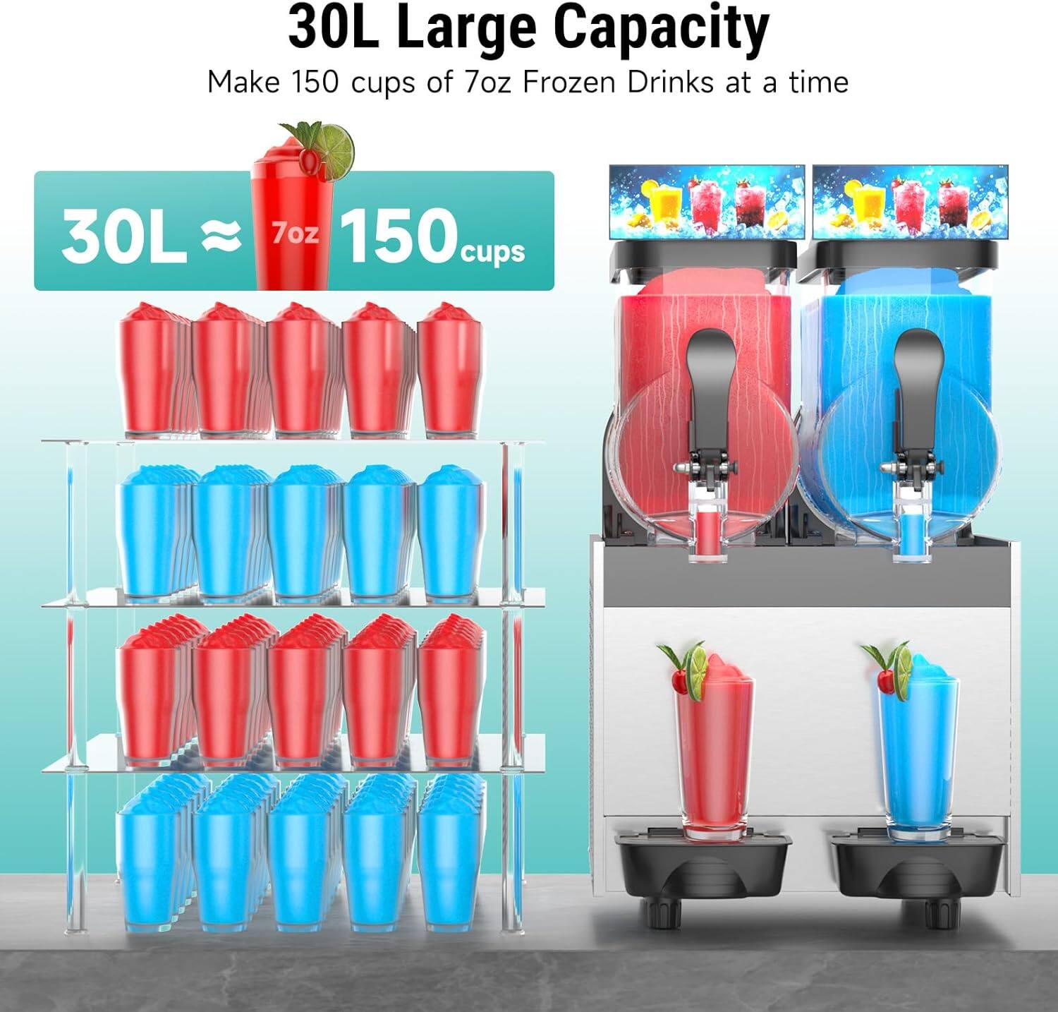 30L Large Capacity  
Make 150 cups of 7oz Frozen Drinks at a time  

30L ≈ 7oz 150 cups