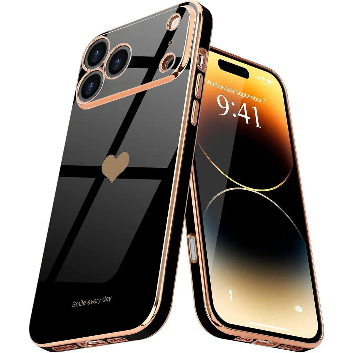 Entronix - Case Compatible with iPhone 18 Pro Max - [Flexible] Luxury Glossy Heart - Black