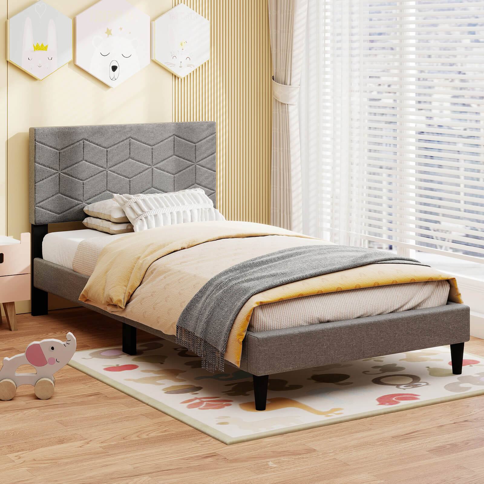 Alt View 3. Costway - Costway Twin Size Bed Frame with Linen Fabric Upholstered Headboard & Wooden Slat Support - Gray.