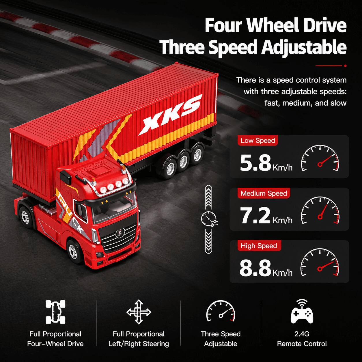 Four Wheel Drive Three Speed Adjustable

There is a speed control system with three adjustable speeds: fast, medium, and slow

XKS
Low Speed 5.8 Km/h
Medium Speed 7.2 Km/h
High Speed 8.8 Km/h

Full Proportional Four-Wheel Drive
Full Proportional Left/Right Steering
Three Speed Adjustable
2.4G Remote Control