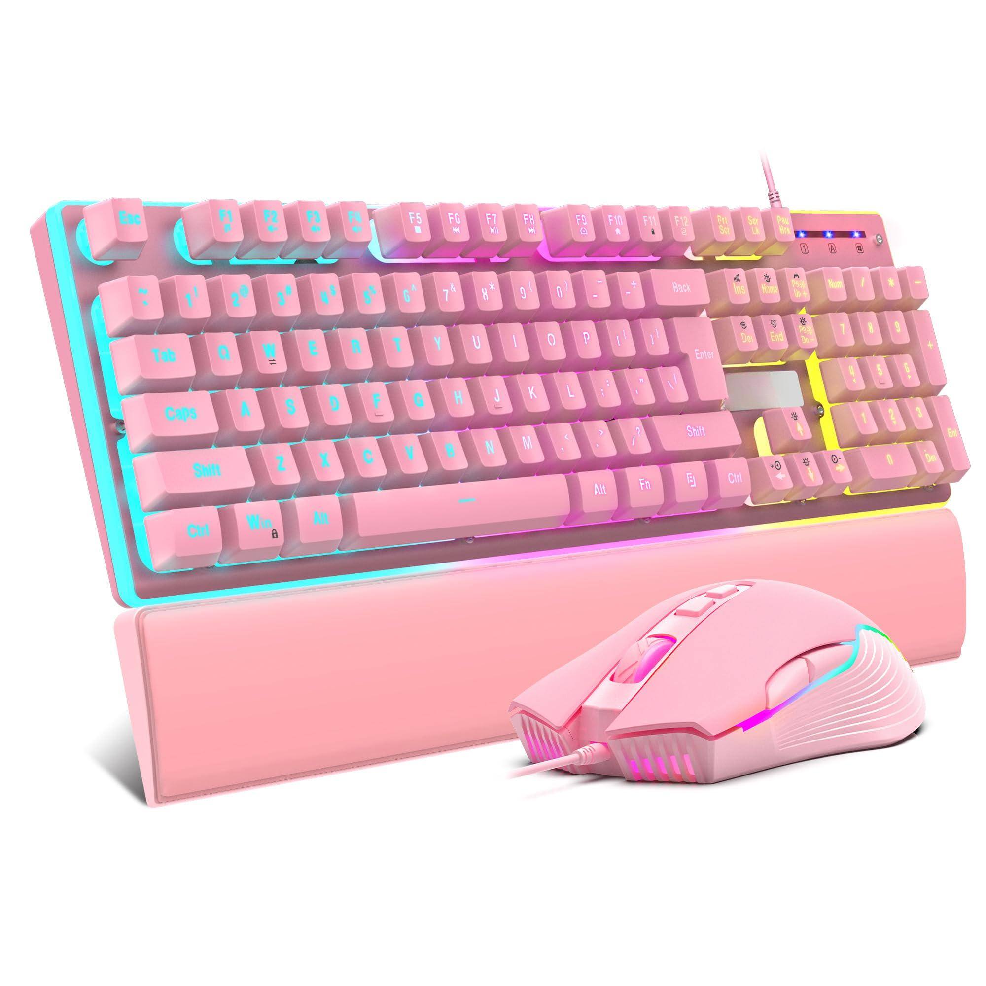 PO3TICJUNKI3 - K10 Wired Gaming And Mouse Wrist Rest Combo Rgb Backlit Mechanical Feel Anti-ghosting 7d 7200 Dpi Mice soft - Pink