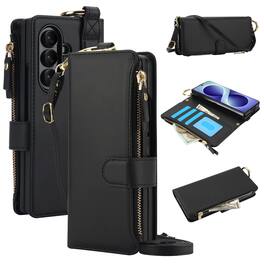 Dteck - Crossbody Wallet Phone Case for Samsung Galaxy Z Fold8 Ultra, Shockproof PU Leather TPU Cover with Hand Strap Kickstand - Black