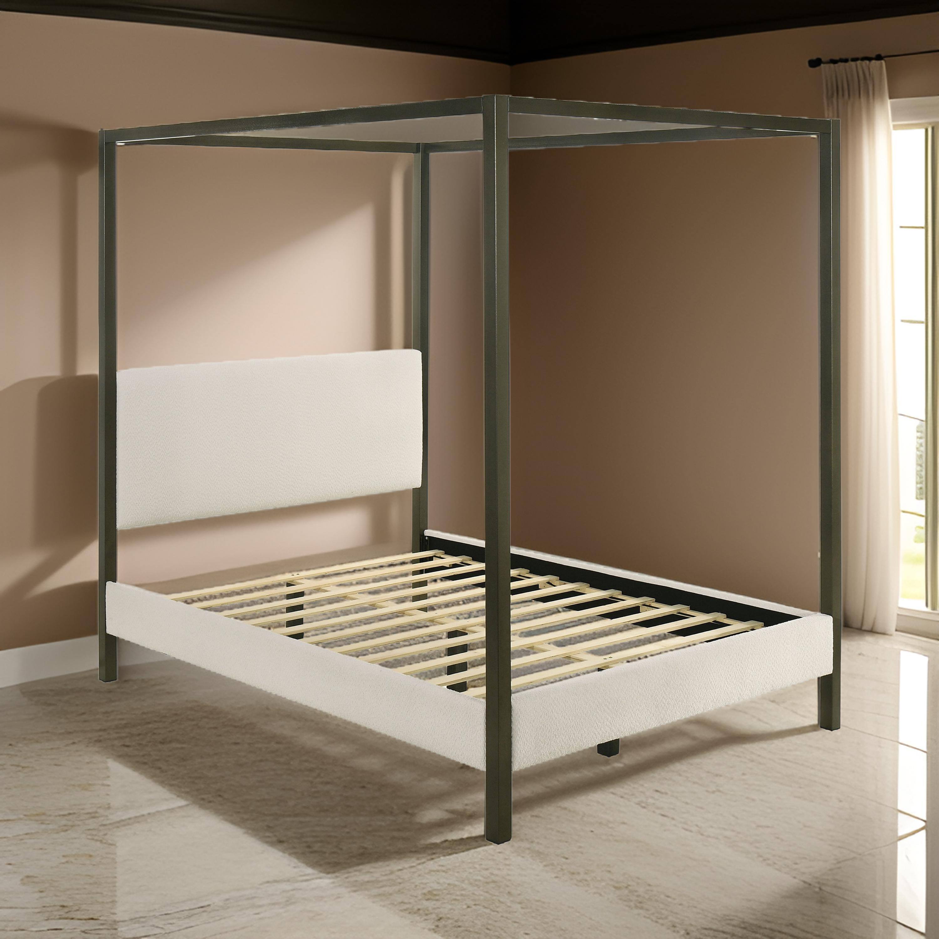 Alt View 5. Manhattan Lane - Rey King Size Canopy Bed, Padded Headboard, 4 Post Frame, Ivory Upholstery - Ivory, Bronze.