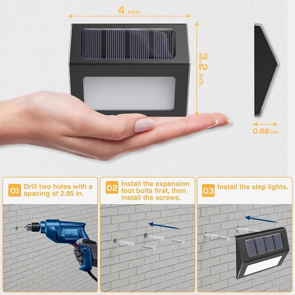 4 inch  
3.2 inch  
0.88 inch  

01 Drill two holes with a spacing of 2.95 in.  

02 Install the expansion foot bolts first, then install the screws.  

03 Install the step lights.
