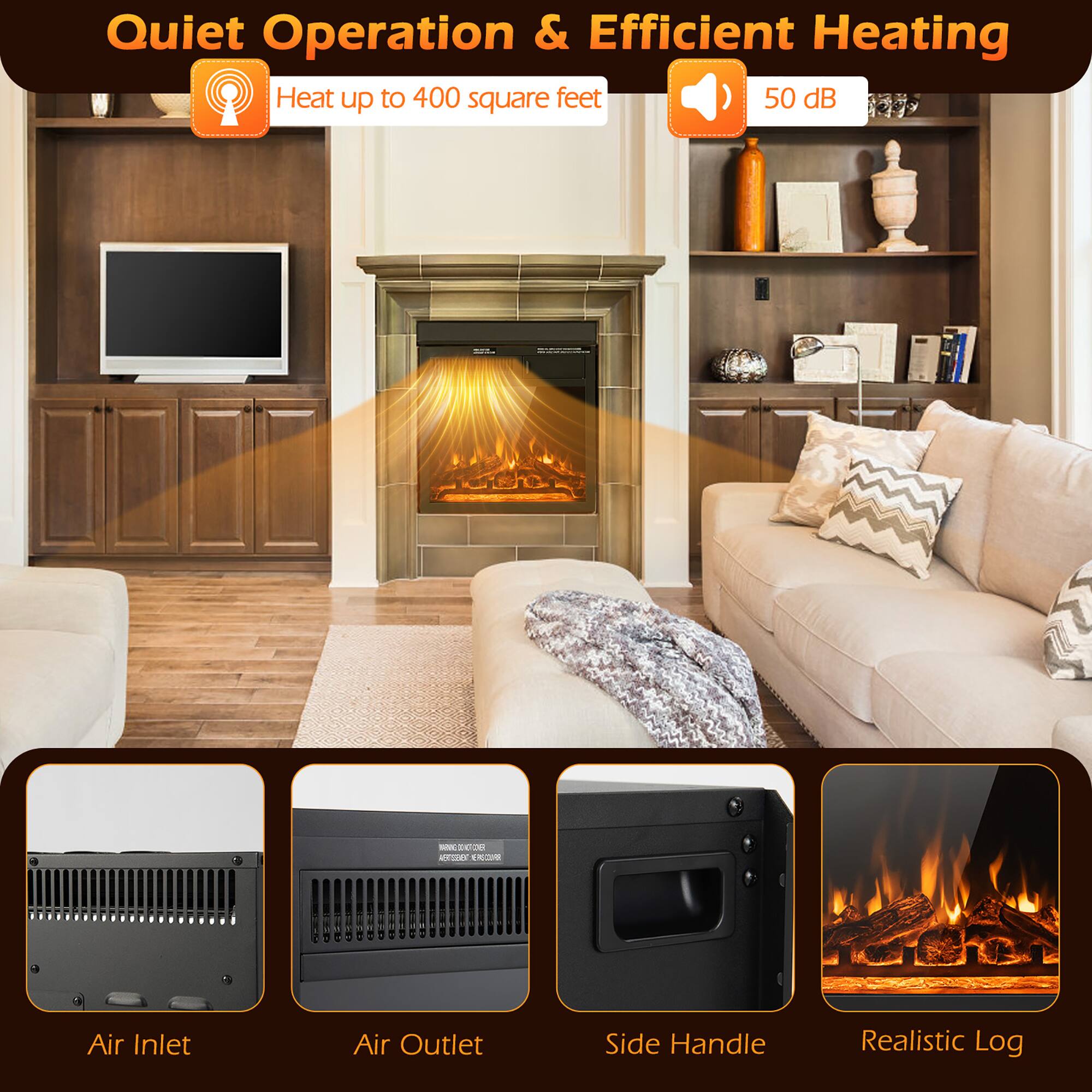 Quiet Operation & Efficient Heating

Heat up to 400 square feet

50 dB

Air Inlet

Air Outlet

Side Handle

Realistic Log