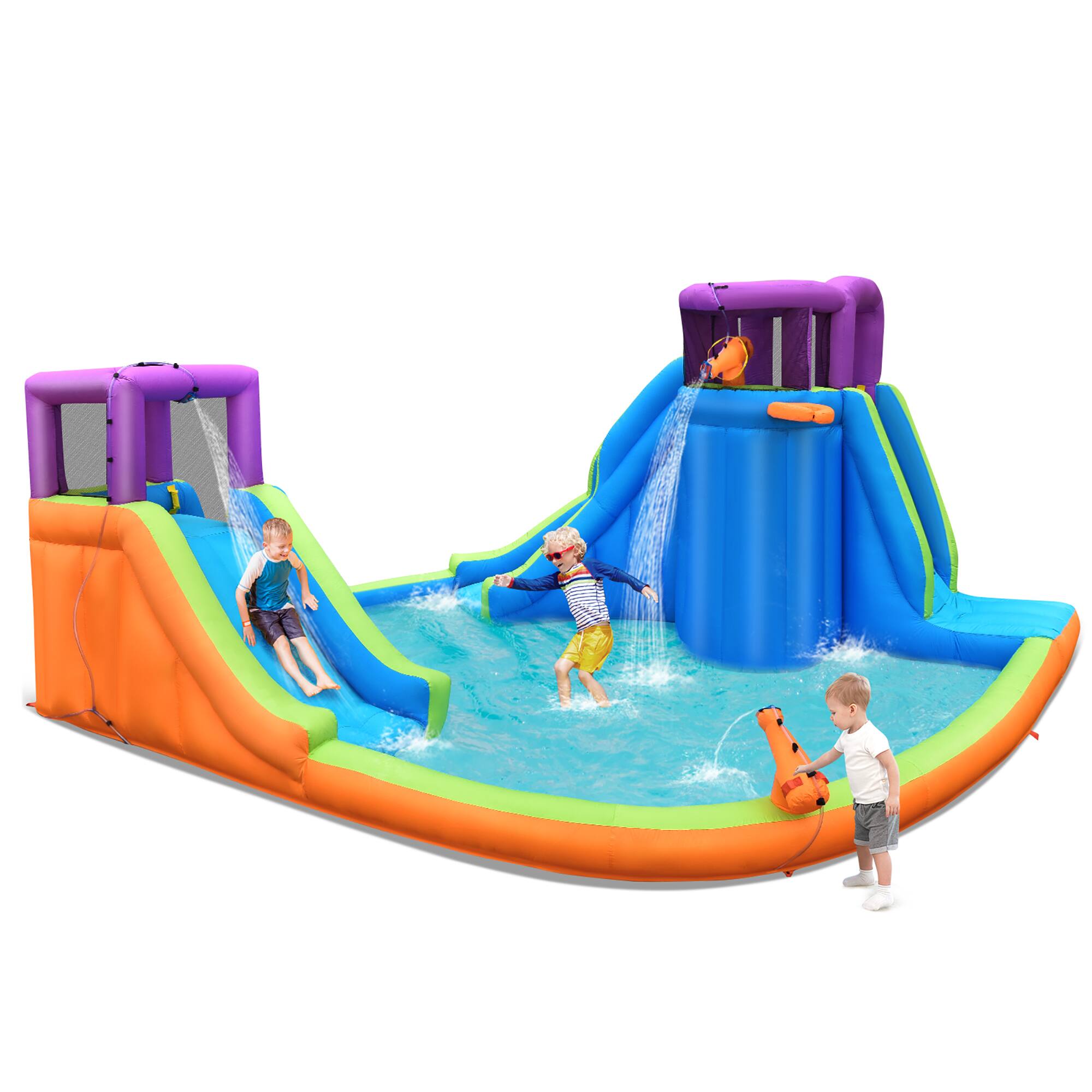 Left. Costway - 6 in 1 Inflatable Dual Slide Water Park Climbing Bouncer Without Blower - Multicolor.