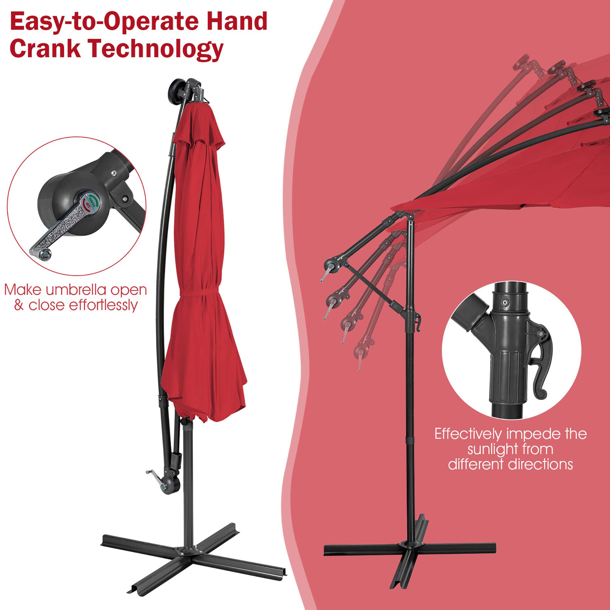 Easy-to-Operate Hand Crank Technology: Make umbrella open & close effortlessly. Effectively impede the sunlight from different directions.
