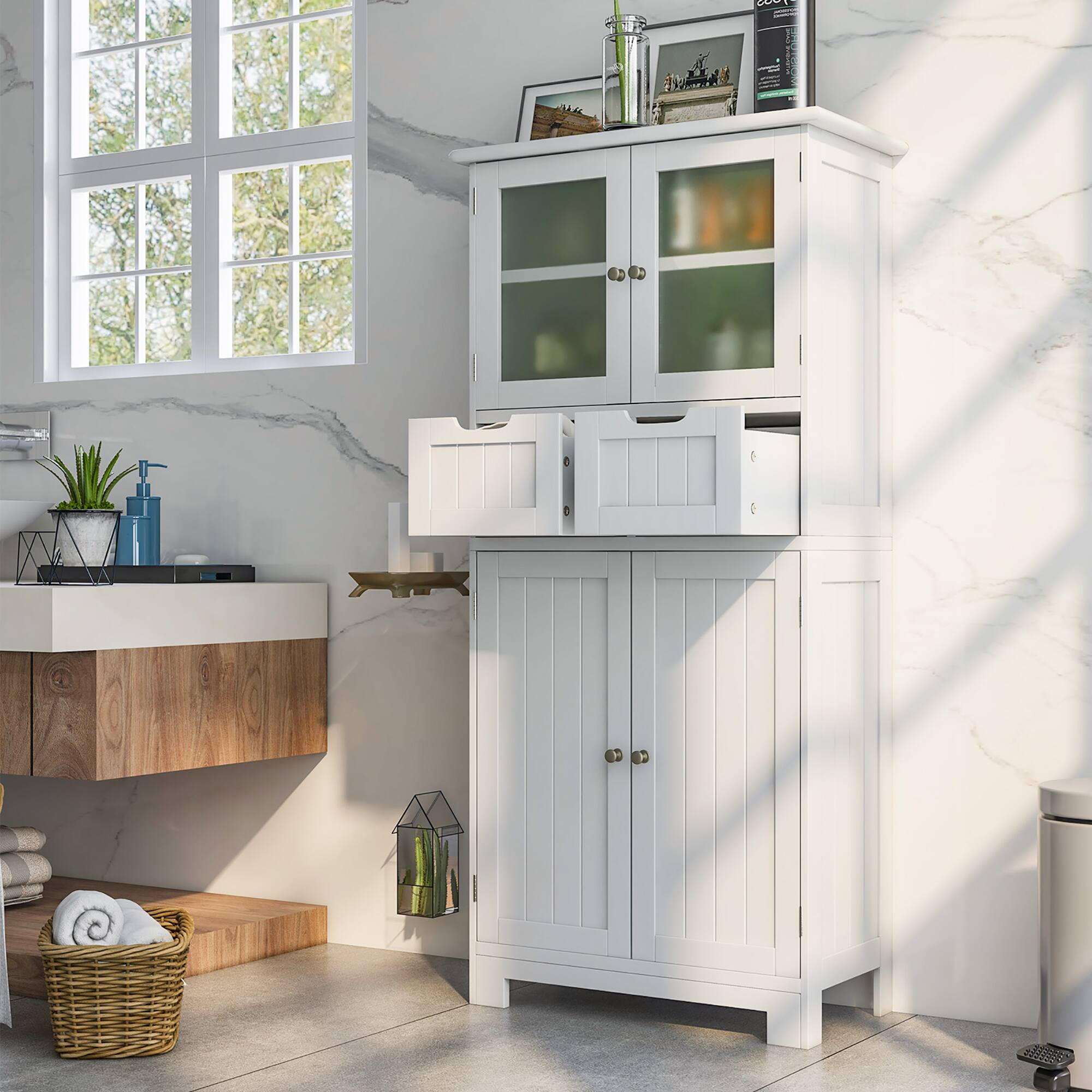 Alt View 1. Costway - Costway Bathroom Floor Storage Cabinet Kitchen Cupboard with 2 Drawers & Glass Doors - White.