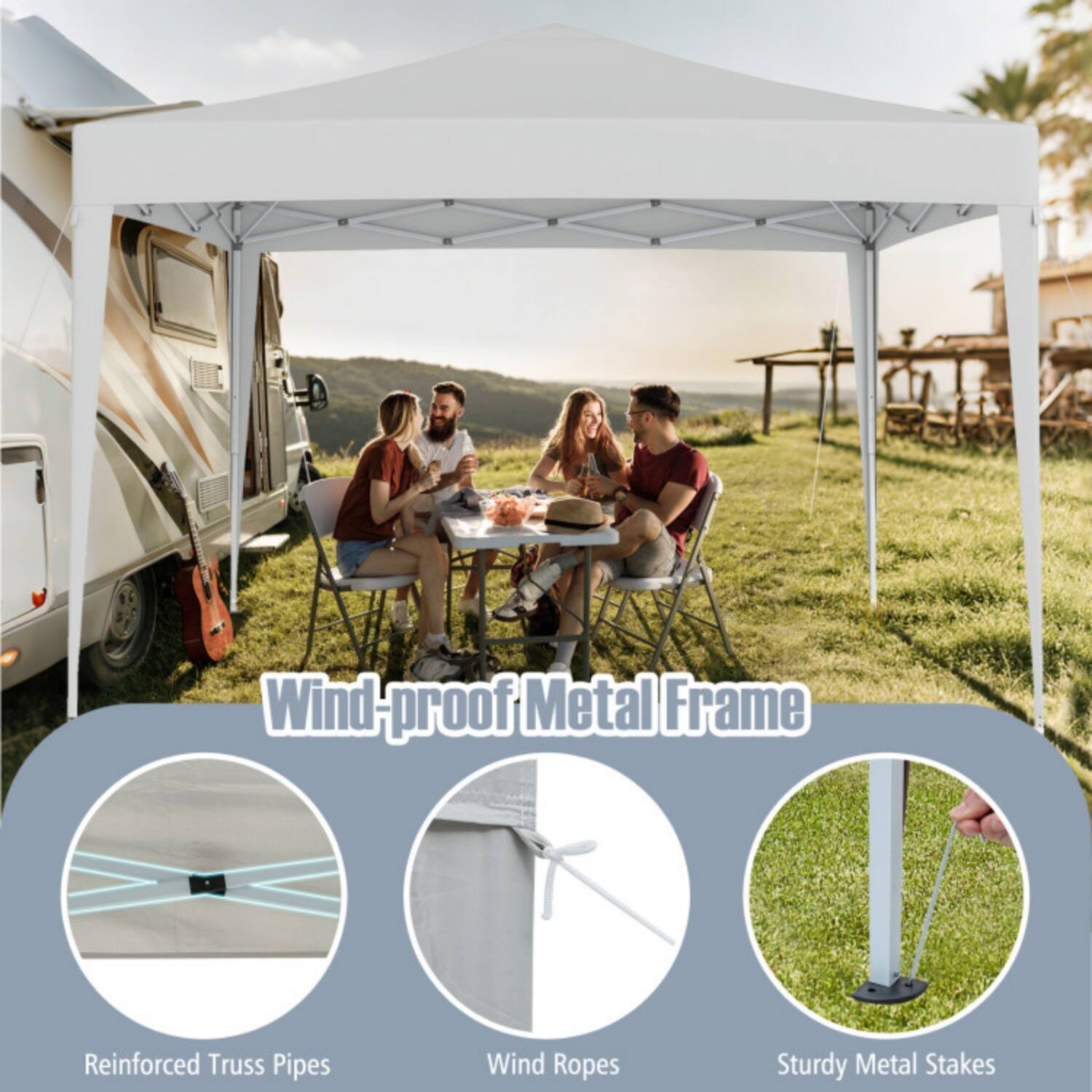 Wind-proof Metal Frame  
Reinforced Truss Pipes  
Wind Ropes  
Sturdy Metal Stakes