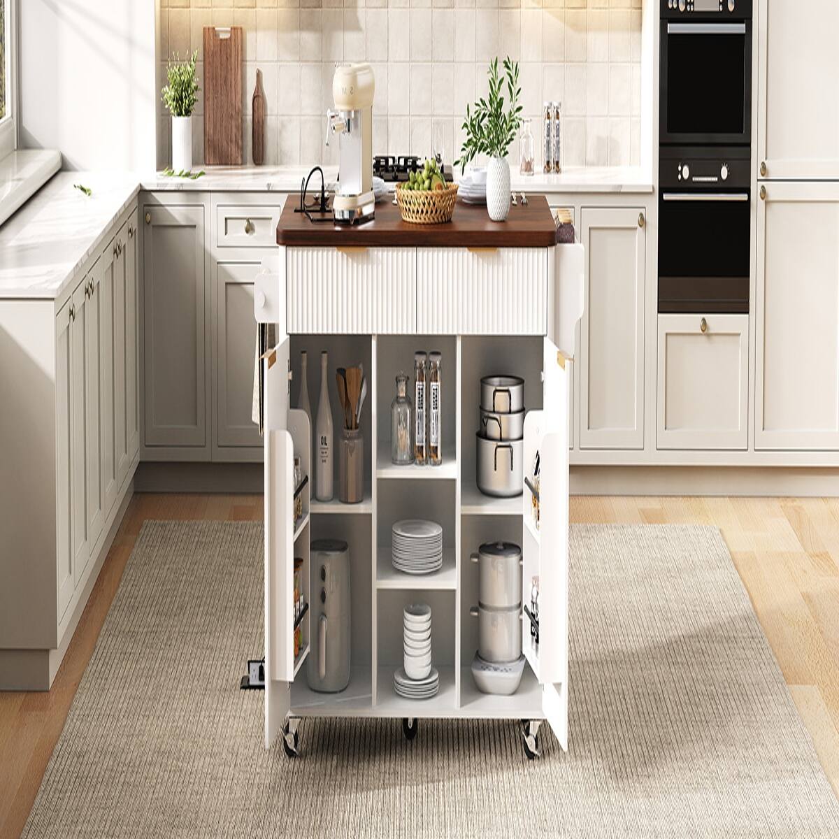 Alt View 8. Loheer - Loheer 52-Inch White Kitchen Island with Drop Leaf, Walnut Top, Rolling Kitchen Island with Storage and Power Outlet - White.