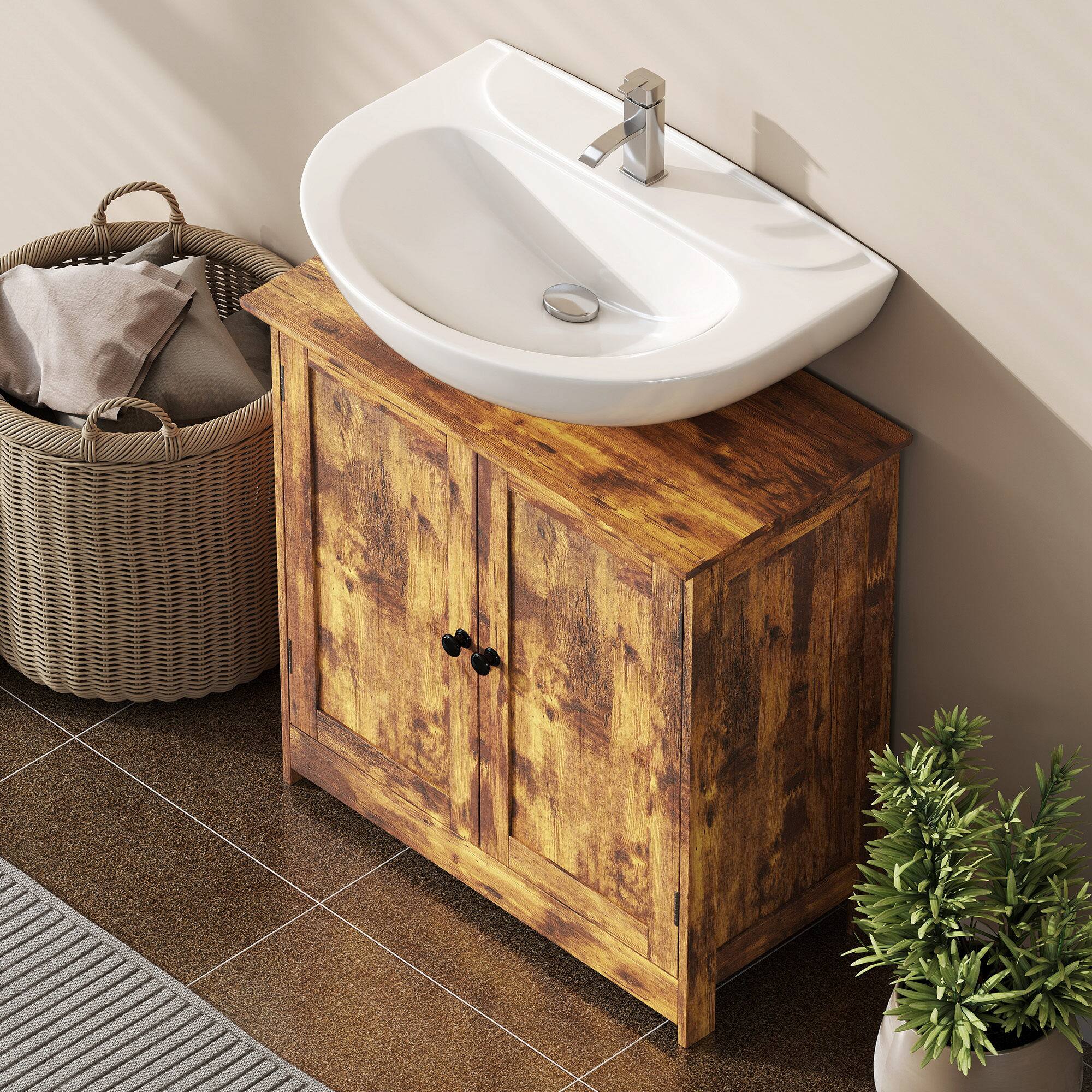 Alt View 4. Homcom - Under Sink Bathroom Cabinet, Pedestal Sink Storage Cabinet with 2 Doors, Shelf and U-Shape - Rustic Brown.