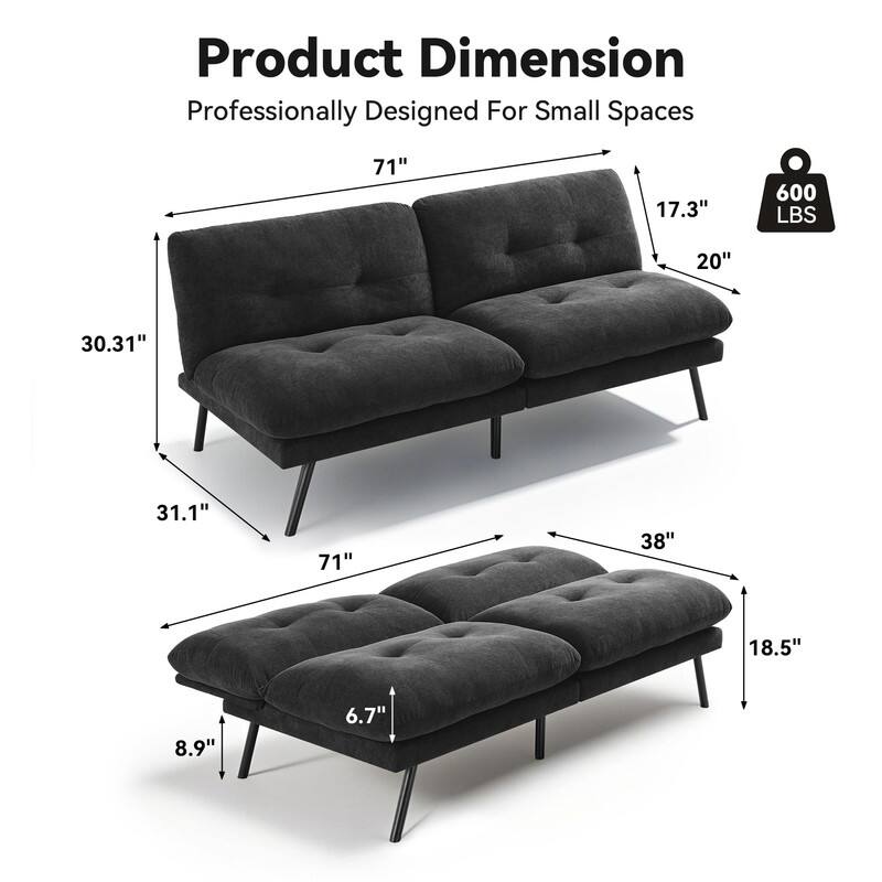 Product Dimension  
Professionally Designed For Small Spaces  

- 71"  
- 30.31"  
- 31.1"  
- 71"  
- 38"  
- 18.5"  
- 8.9"  
- 6.7"  
- 17.3"  
- 20"  
- 600 LBS