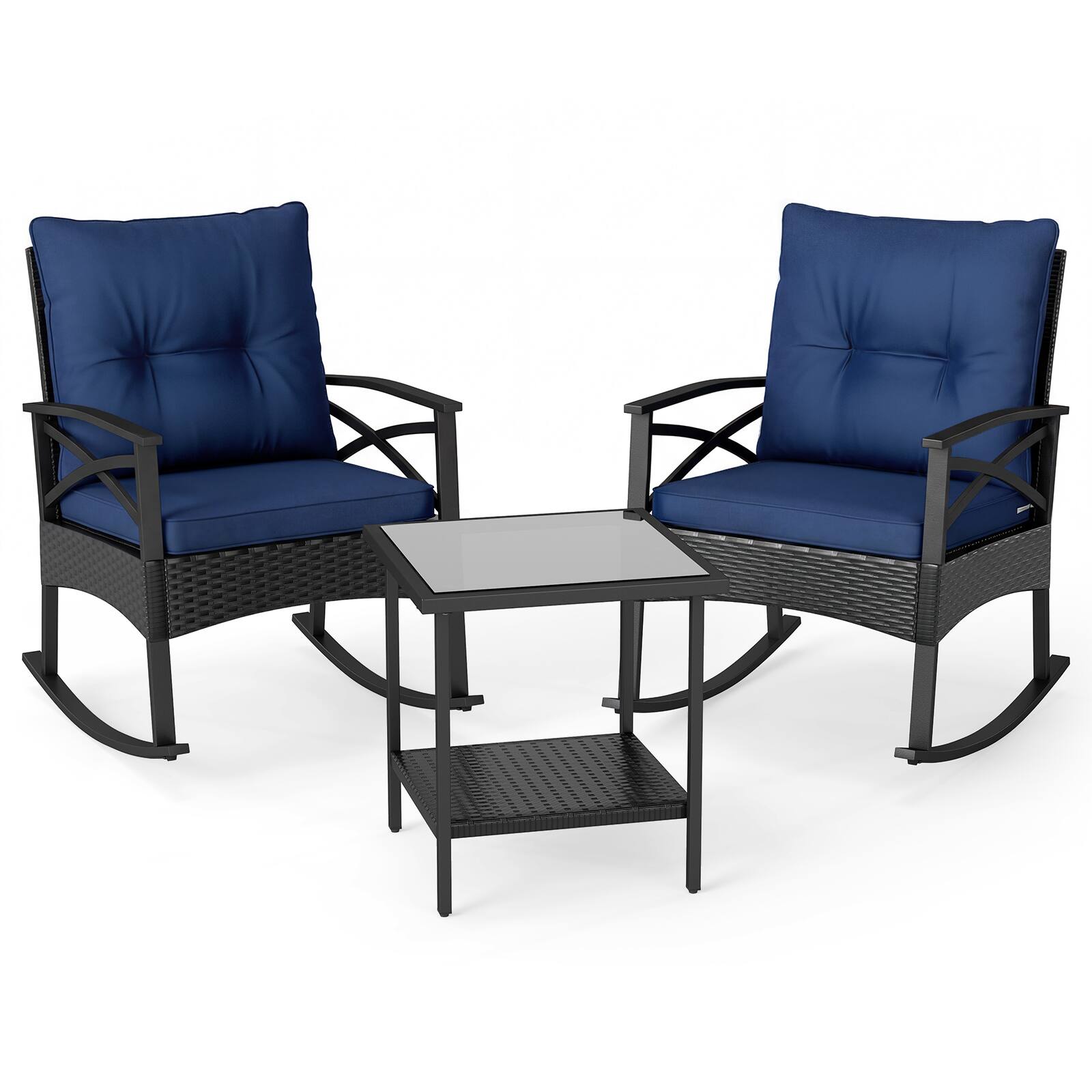 Alt View 9. Gymax - Gymax Set of 3 Rattan Rocking Bistro Set w/Tempered Glass Tabletop & Cushions for Porch Navy - Blue.