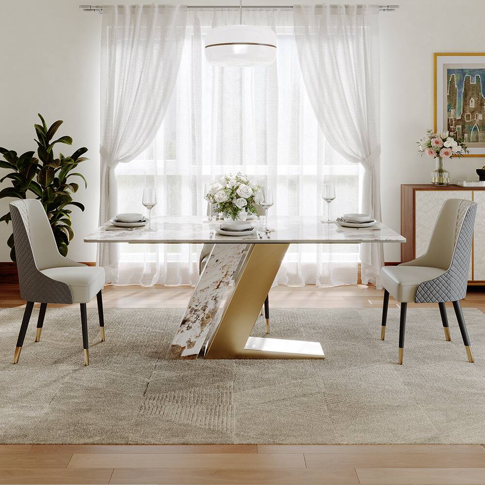 Angle. POVISON - 63"Modern Luxury Glossy Gold Sintered Stone Rectangular Dining Table for 4, White & Gold Z-shaped Stainless Steel Base - Pandora & Gold.
