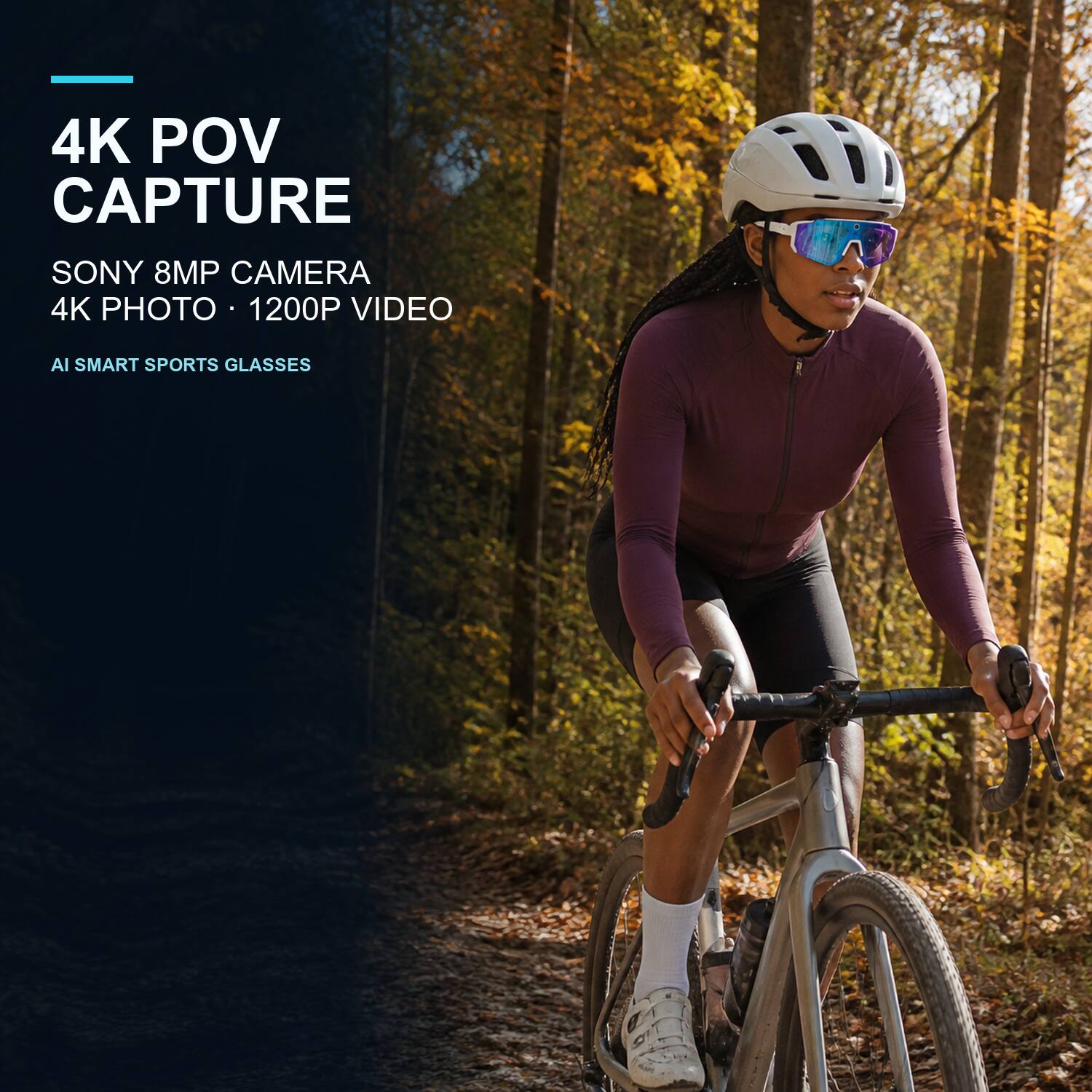 4K POV CAPTURE  
SONY 8MP CAMERA  
4K PHOTO • 1200P VIDEO  
AI SMART SPORTS GLASSES