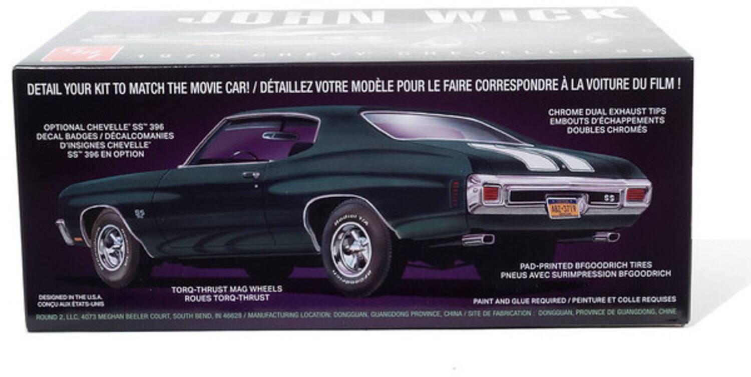 JOHN WICK  
DETAIL YOUR KIT TO MATCH THE MOVIE CAR! / DÉTAILLEZ VOTRE MODÈLE POUR LE FAIRE CORRESPONDRE À LA VOITURE DU FILM!  

OPTIONAL CHEVELLE SS" 396 DECAL BADGES / DÉCALCOMANIES D'INSIGNES CHEVELLE SS 396 EN OPTION  
CHROME DUAL EXHAUST TIPS / EMBOUTS D'ÉCHAPEMENTS DOUBLES CHROMÉS  
PAD-PRINTED BFGOODRICH TIRES / PNEUS AVEC SURIMPRESSION BFGOODRICH  
TORQ-THRUST MAO WHEELS / ROUES TORQ-THRUST  

DESIGNÉE IN THE USA.  
PAINT AND GLUE REQUIRED / PEINTURE ET COLLE REQUISES  

MANUFACTURING LOCATION / SITE DE FABRICATION: DONGGUAN, GUANGDONG PROVINCE, CHINA  
ROUND 2, LLC. 4073 MEGHAN BEELER COURT, SOUTH BEND, IN 46628