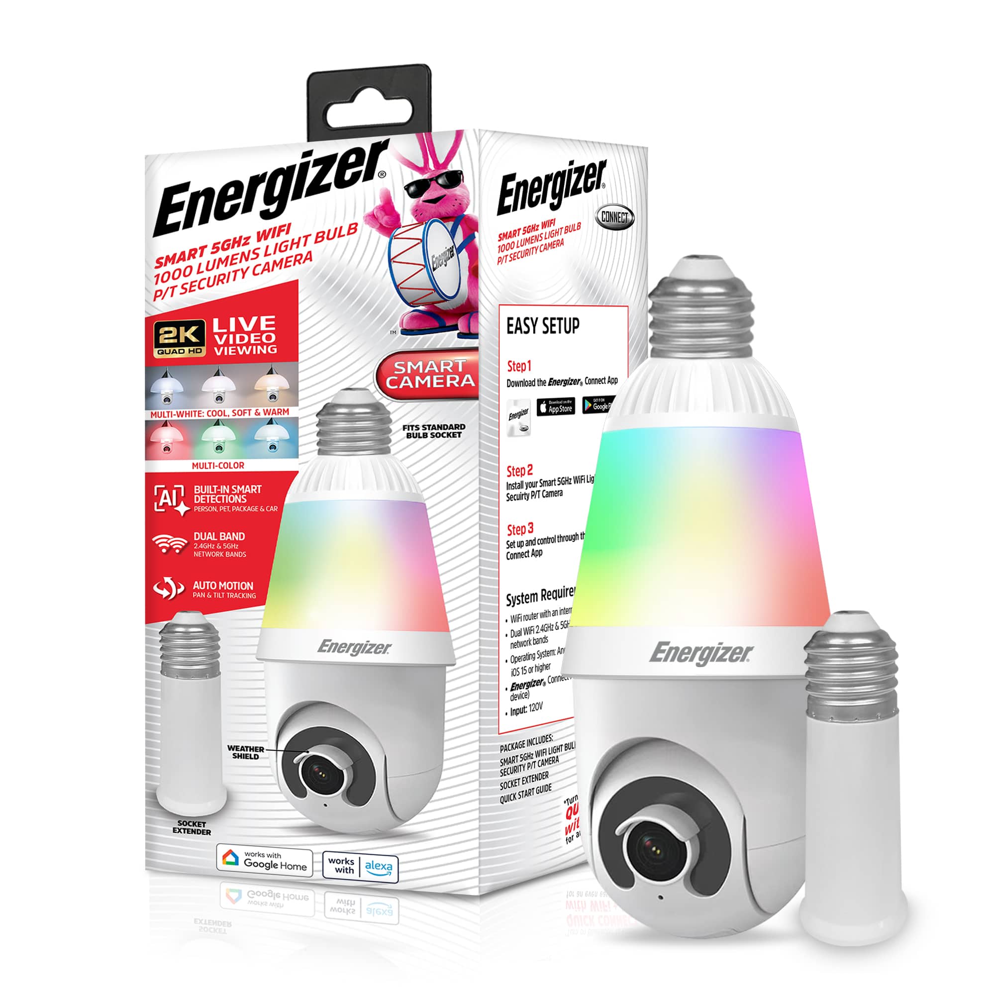 Energizer - Smart 5GHz 2K Quad HD WiFi 1000 Lumens Light Bulb P/T Security Camera - White