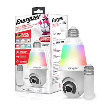Energizer Smart 5GHz WiFi 1000 Lumens Light PT Security Camera
- 2K Live Viewing
- Quad HD
- Multi-White: Cool, Soft & Warm
- Multi-Color
- Built-in Smart AI Detection
- Dual Band Network Bands
- Auto Motion Pan & Tilt Tracking
- Weather Shield
- Fits Standard Bulb Socket
- Works with Google Home and Alexa
Easy Setup:
1. Download the Energizer Connect App
2. Install Smart 5GHz WiFi Light PT Security Camera
3. Control through the Connect App
System Requirements:
- WiFi router with an internet connection
- Dual 2.4GHz & 5GHz network bands
- Operating System: iOS 12 or later, Android 7.0 or later
- 105 Smart Camera
- Input: 120V
Package Includes:
- Smart 5GHz WiFi Light Bulb
- PT Security Camera
- Socket Extender
- Quick Start Guide
Energizer