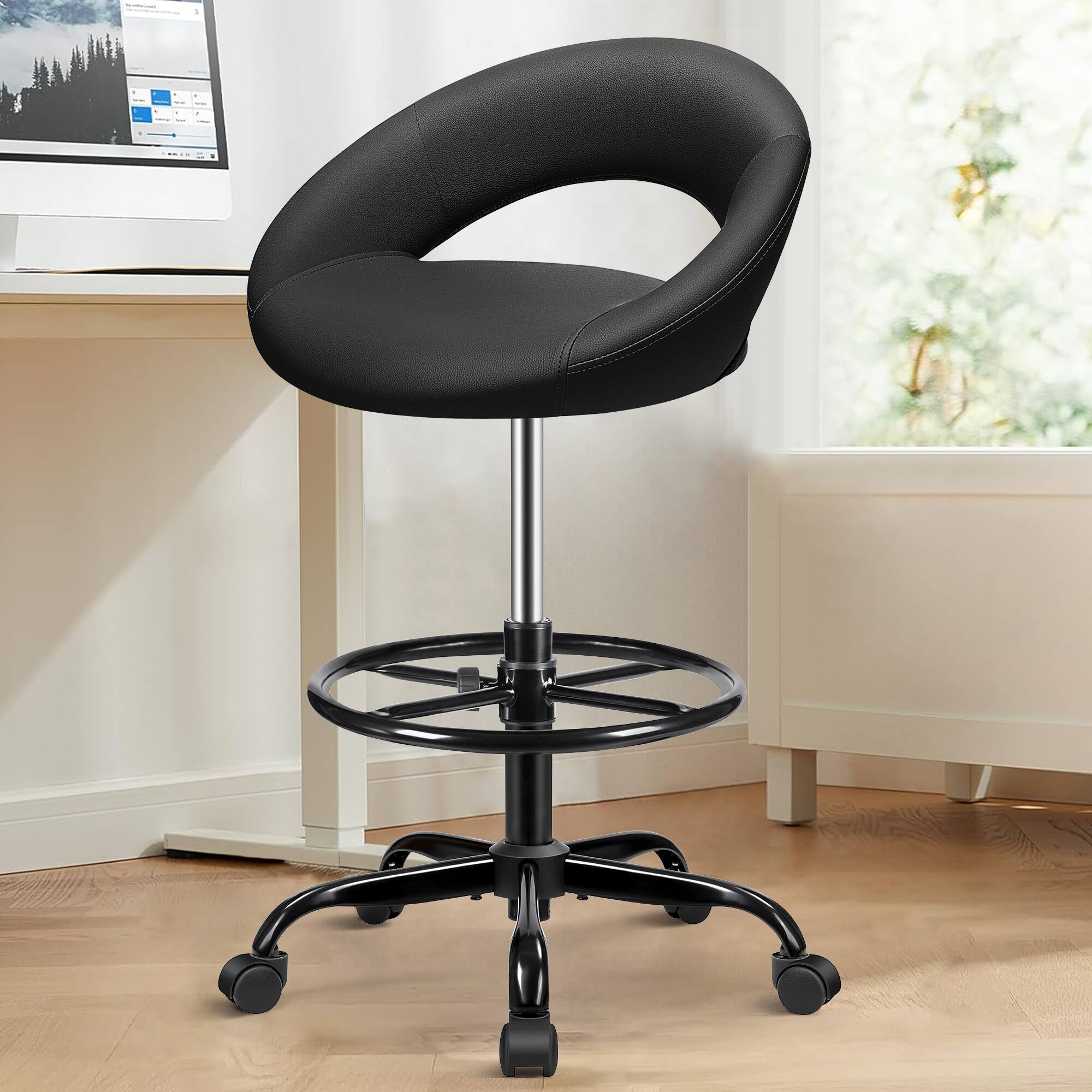 Front. KERDOM - Tall Office Drafting Chair, Bar Stool with Footrest, Shop Rolling Swivel Chair for Standing Desk Kitchen Counter Studio - Black.