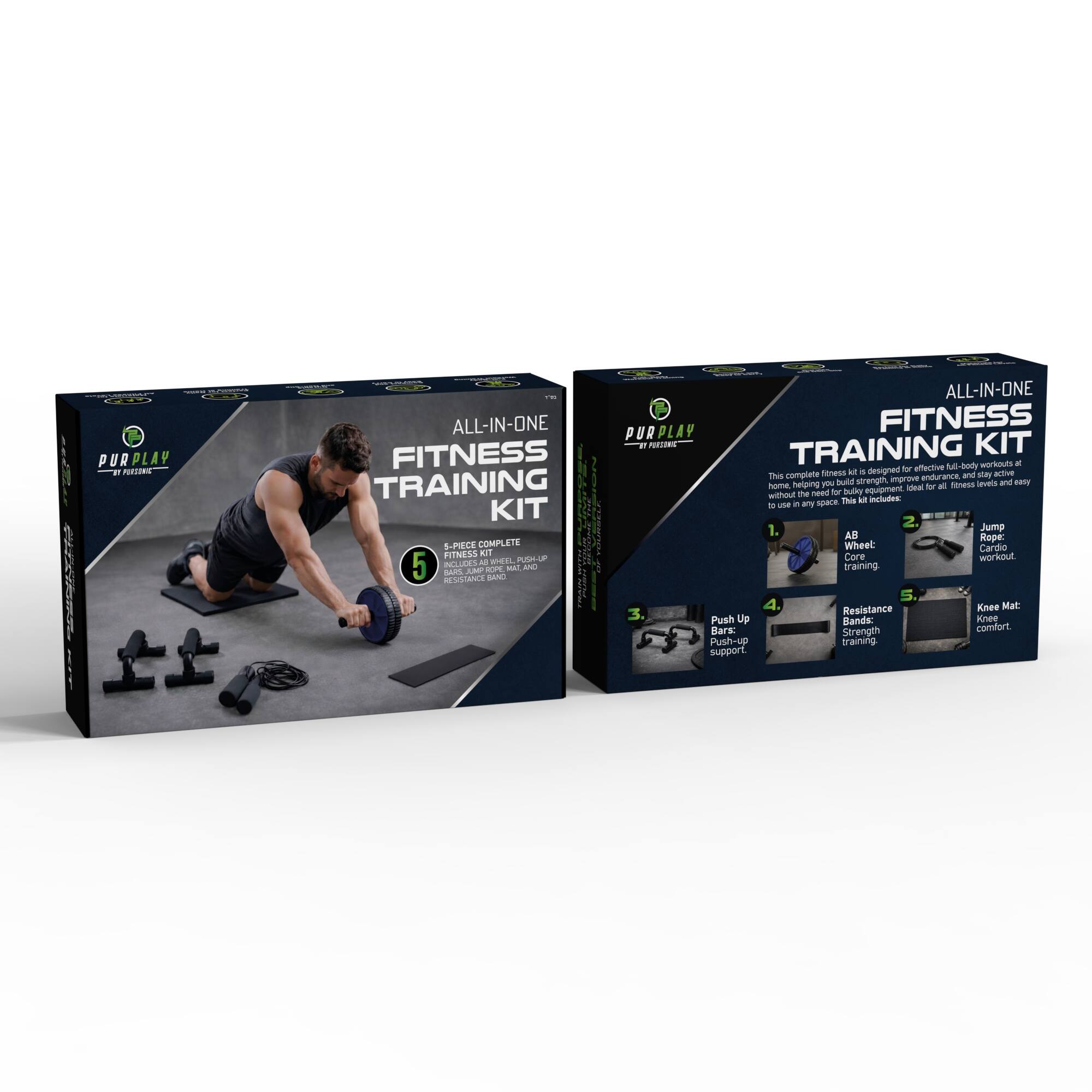 PURPLAY ALL-IN-ONE FITNESS TRAINING KIT

This complete fitness kit is designed for effective full-body workouts at home, helping you build strength, endurance, and shape. It's ideal for all fitness levels and easy to use in any space. This kit includes:

1. Jump Rope
2. AB Wheel
3. Push Up Bar
4. Resistance Bands
5. Knee Mat

Designed for a full-body workout, this kit helps you improve strength, endurance, and shape. It's perfect for anyone who needs a full-body workout without bulky equipment.