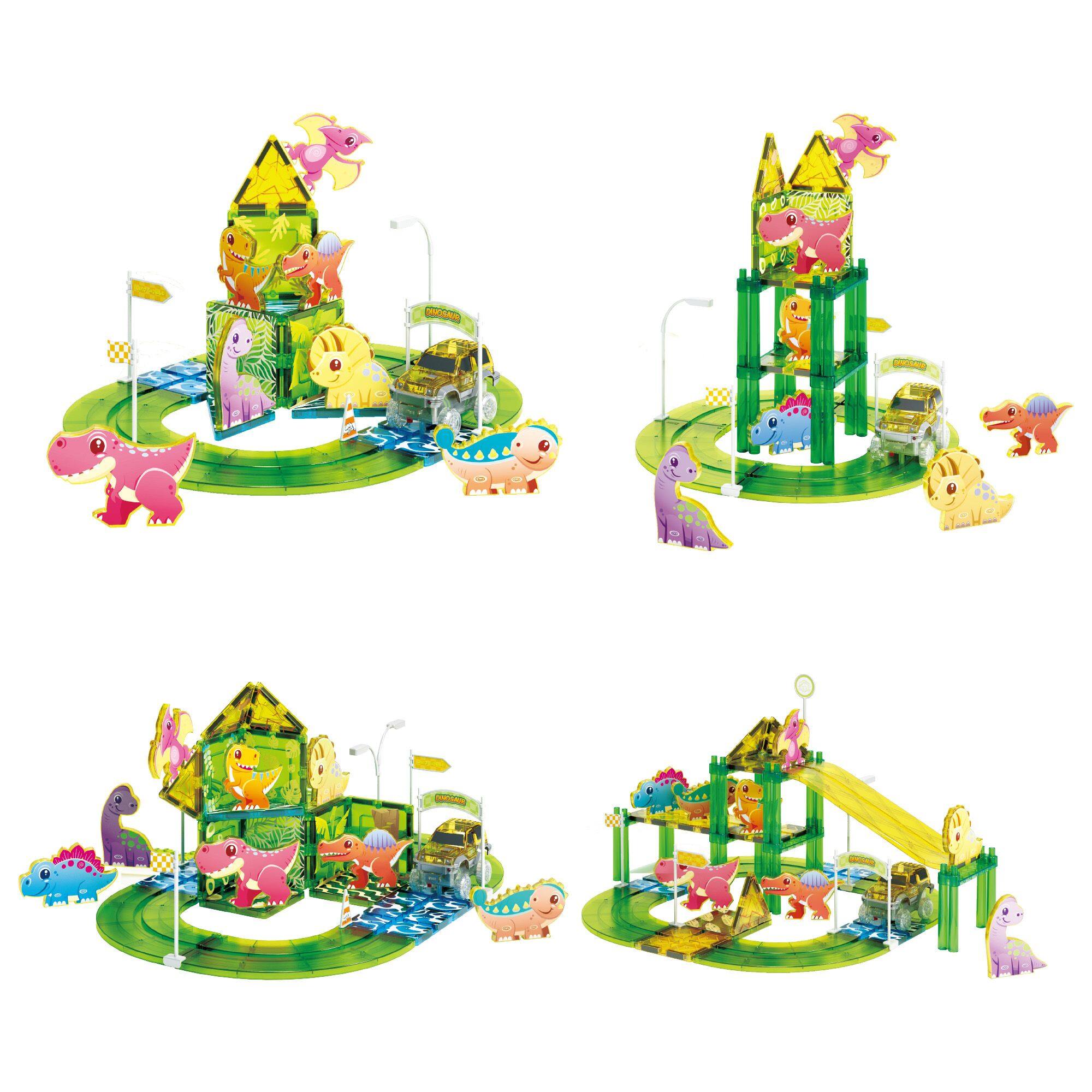 Alt View 3. PicassoTiles - PICASSO-TILES Race Track Magnetic Tiles for Kids, 89PCS with 2 Racing Cars, Dinosaur Theme STEM Building Blocks Toy - Multicolor.