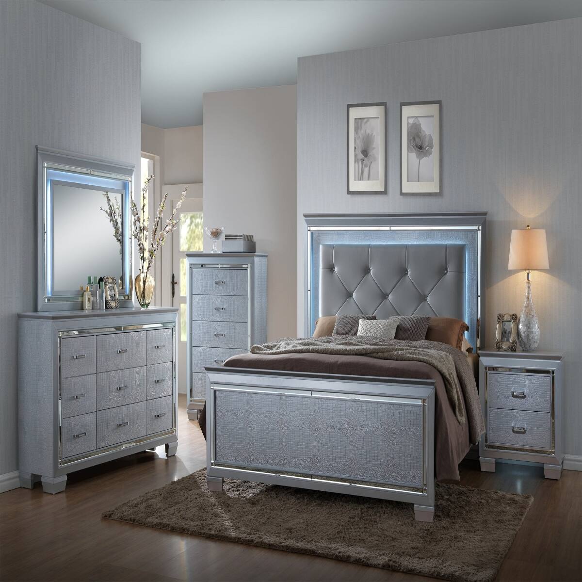 Alt View 5. Loheer - Loheer Modern Glam Nightstand with Built-In Night Light, Two Drawers, Silver Solid Wood - Silver.
