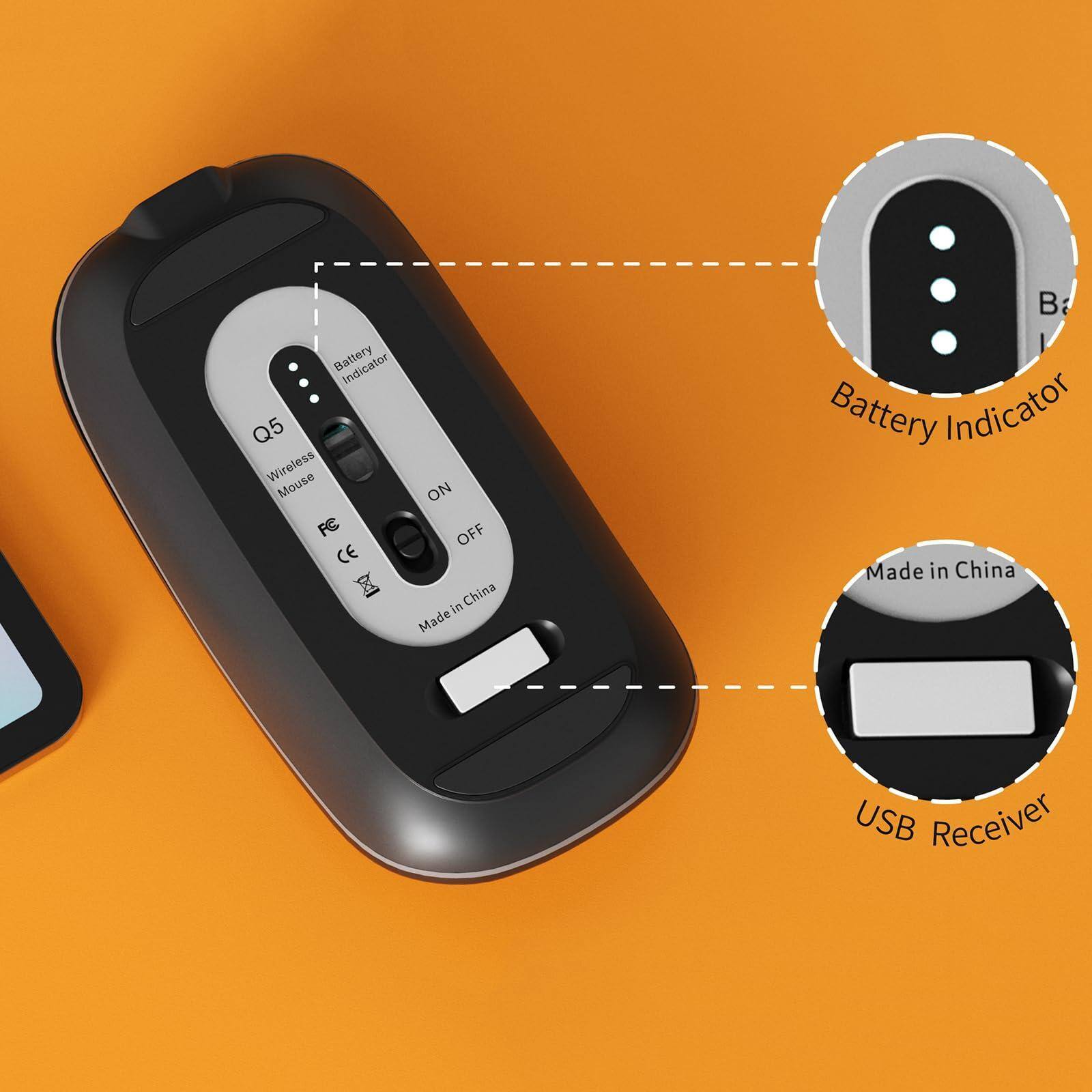 - Q5 Wireless Mouse
- Battery Indicator
- ON/OFF Switch
- Made in China
- USB Receiver
- FC CE