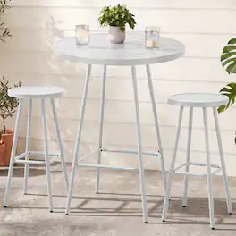 Best Choice Products - 3-Piece Steel Patio Bar Height Round Bistro Set w/ Backless Stools, Slatted Design - White