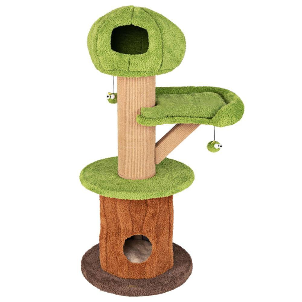Alt View 3. Kadyn - Cat Scratching Tower,Cat Tree, Mushroom Cat Tree for Indoor Cats with 2 Cute Condos Plush Perch and Teasing Balls-Green - Brown.
